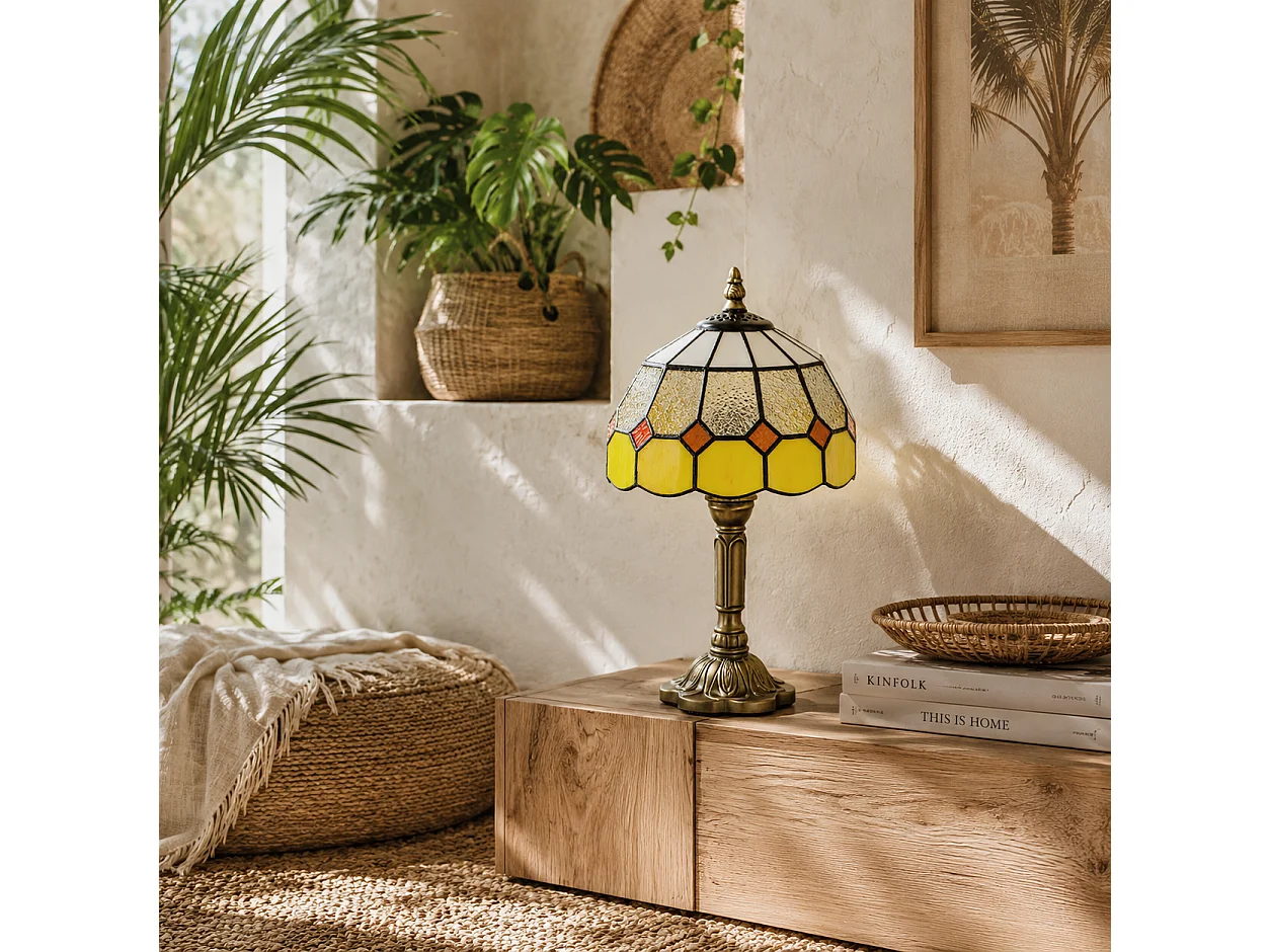 Sevini Handmade Art Deco Glass Table Lamp Yellow Orange Stained Glass Bronze Base