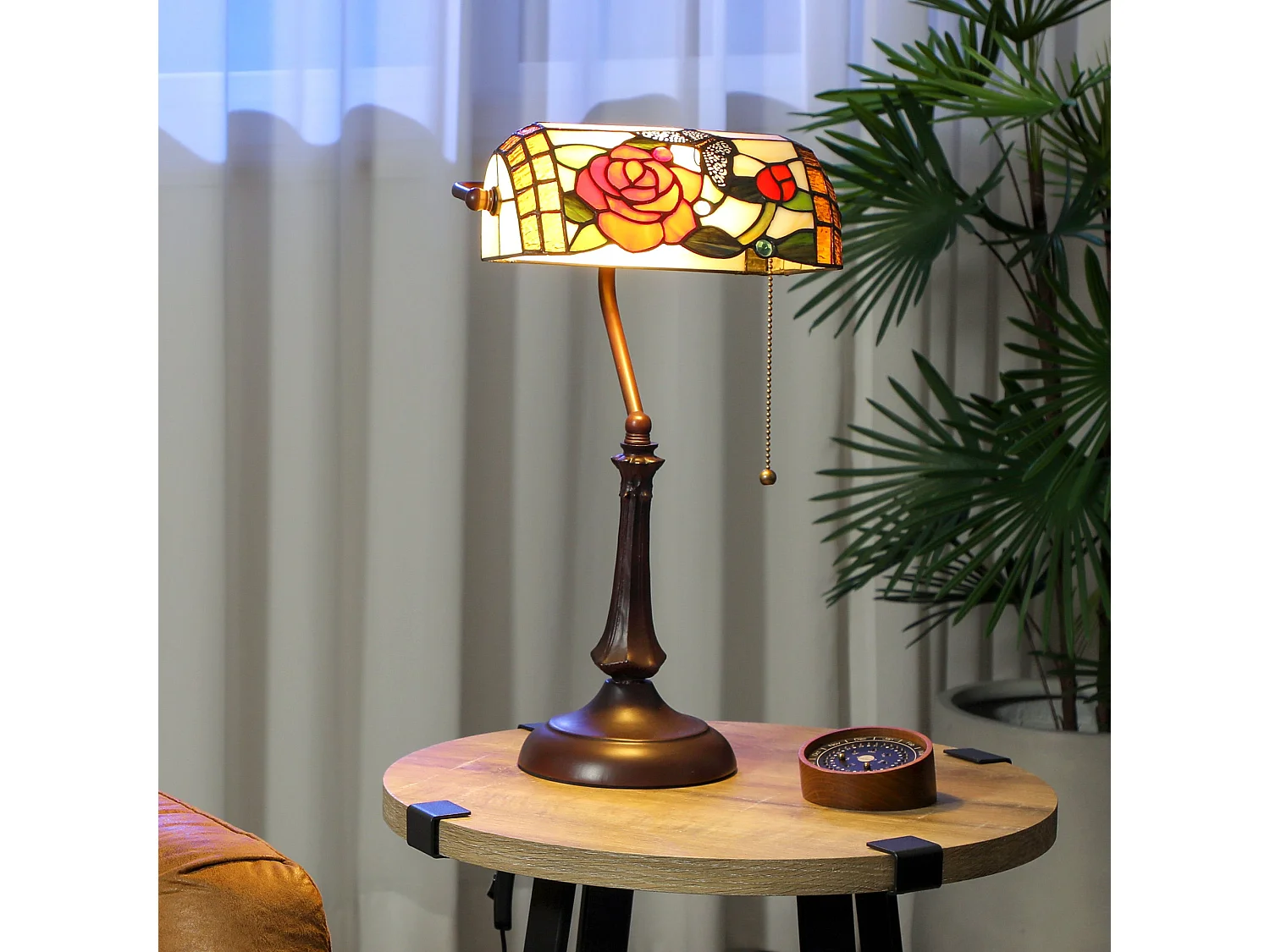 Vimoro Vael Tiffany Style Rose and Butterfly Table Lamp Multicolour Glass Bronze Tone Base