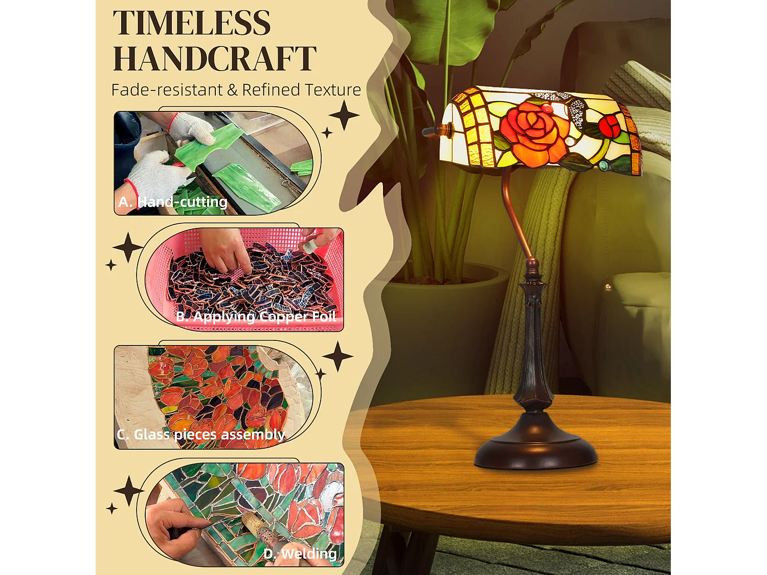Vimoro Vael Tiffany Style Rose and Butterfly Table Lamp Multicolour Glass Bronze Tone Base