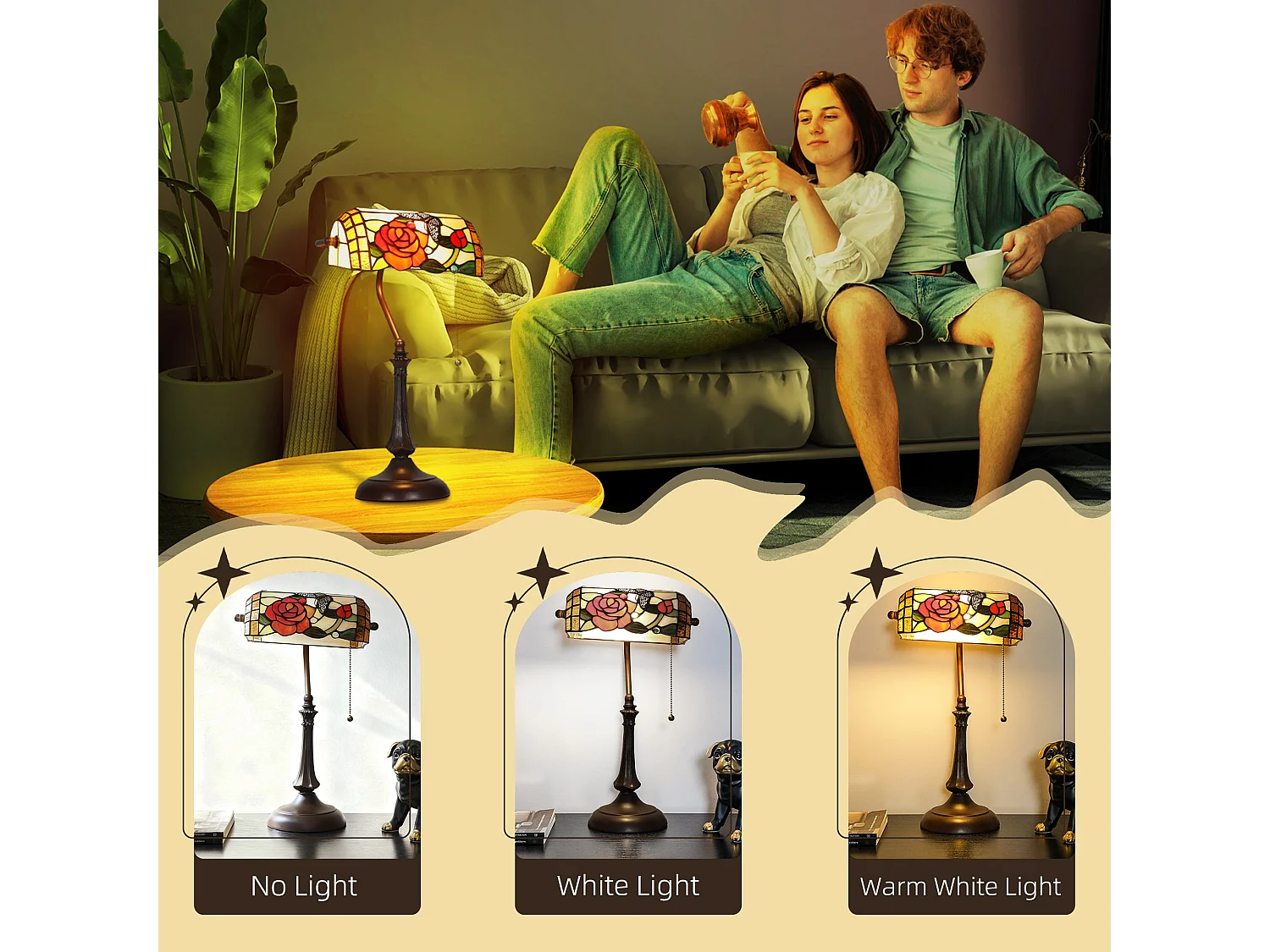 Vimoro Vael Tiffany Style Rose and Butterfly Table Lamp Multicolour Glass Bronze Tone Base