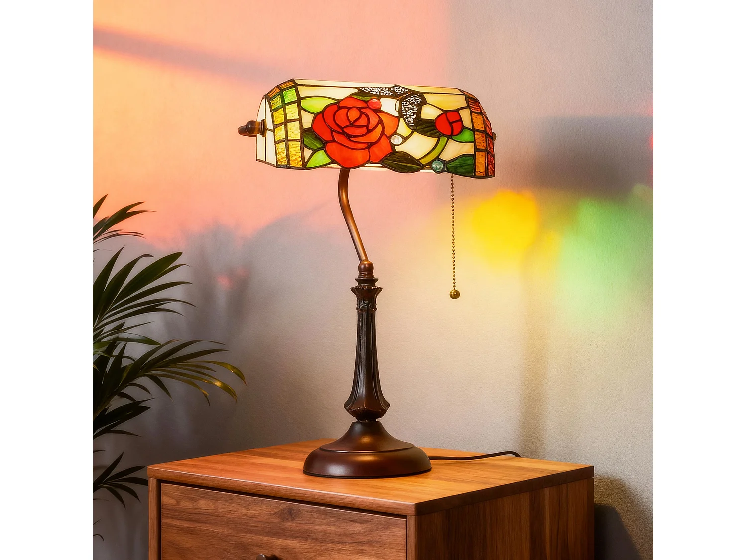 Vimoro Vael Tiffany Style Rose and Butterfly Table Lamp Multicolour Glass Bronze Tone Base