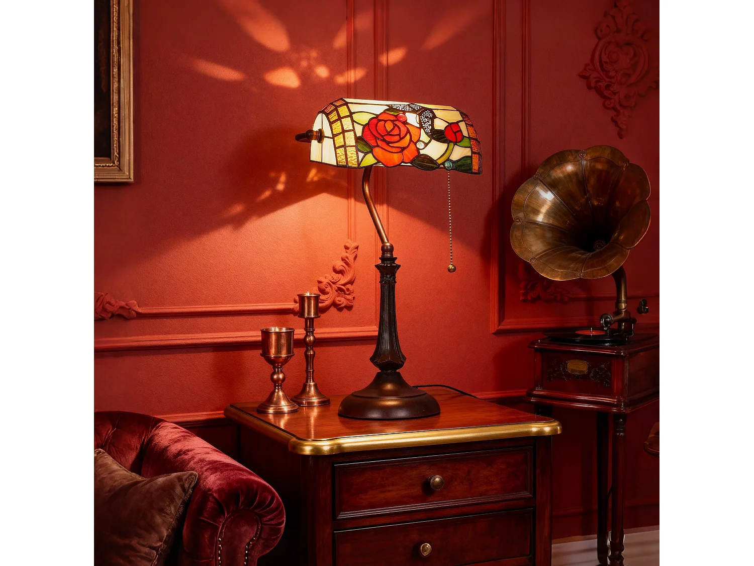 Vimoro Vael Tiffany Style Rose and Butterfly Table Lamp Multicolour Glass Bronze Tone Base