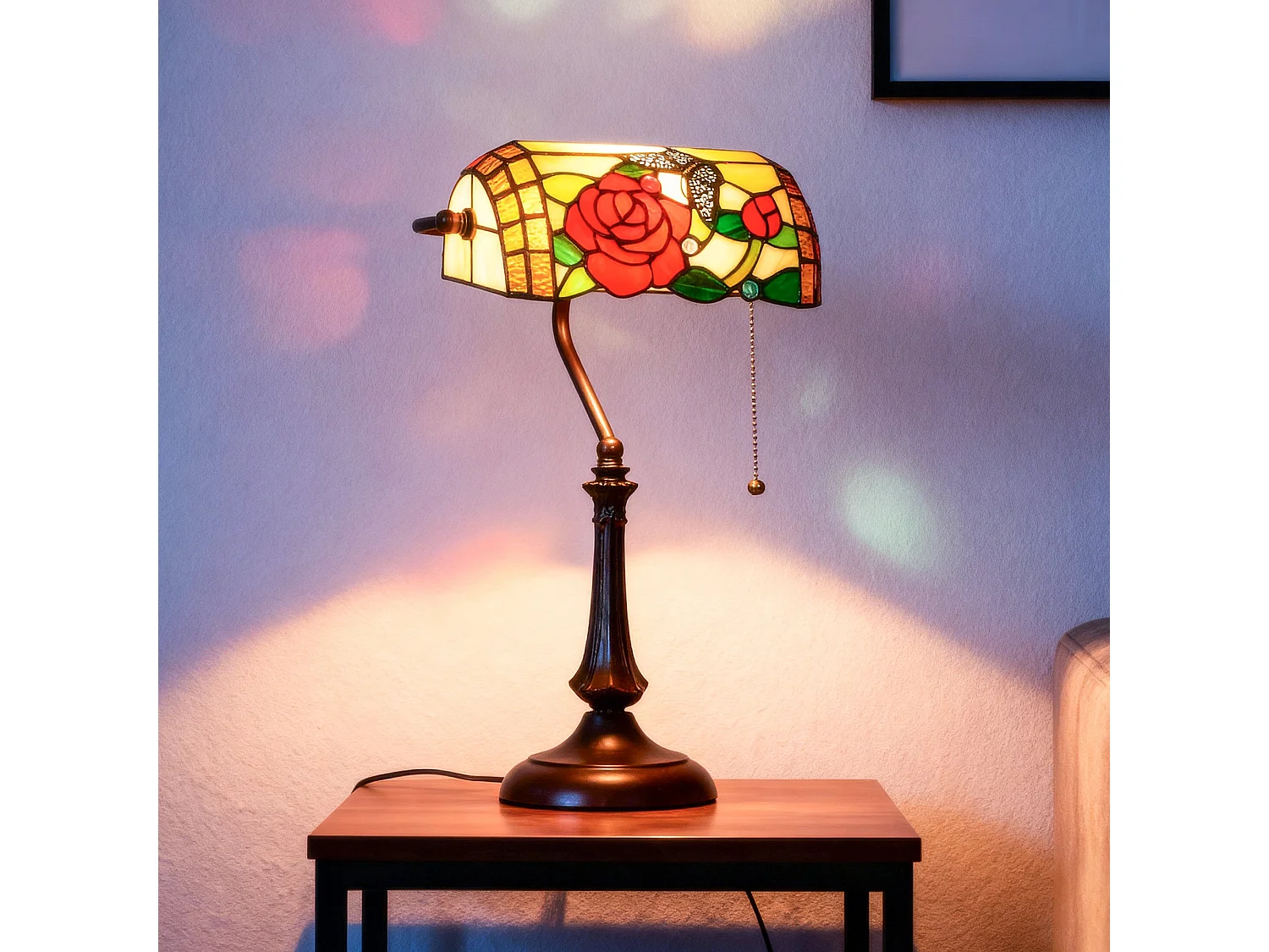 Vimoro Vael Tiffany Style Rose and Butterfly Table Lamp Multicolour Glass Bronze Tone Base