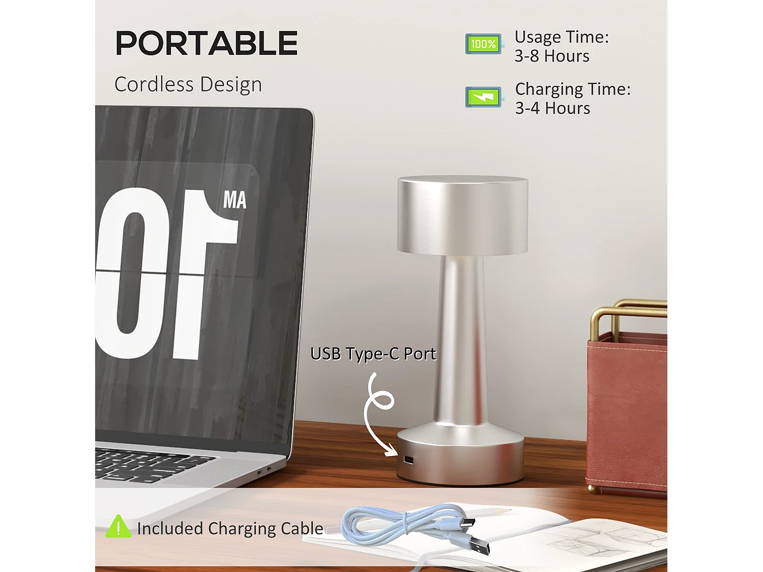 Dova Silver Cordless Touch LED Table Lamp Rechargeable Battery 3 Colour Modes