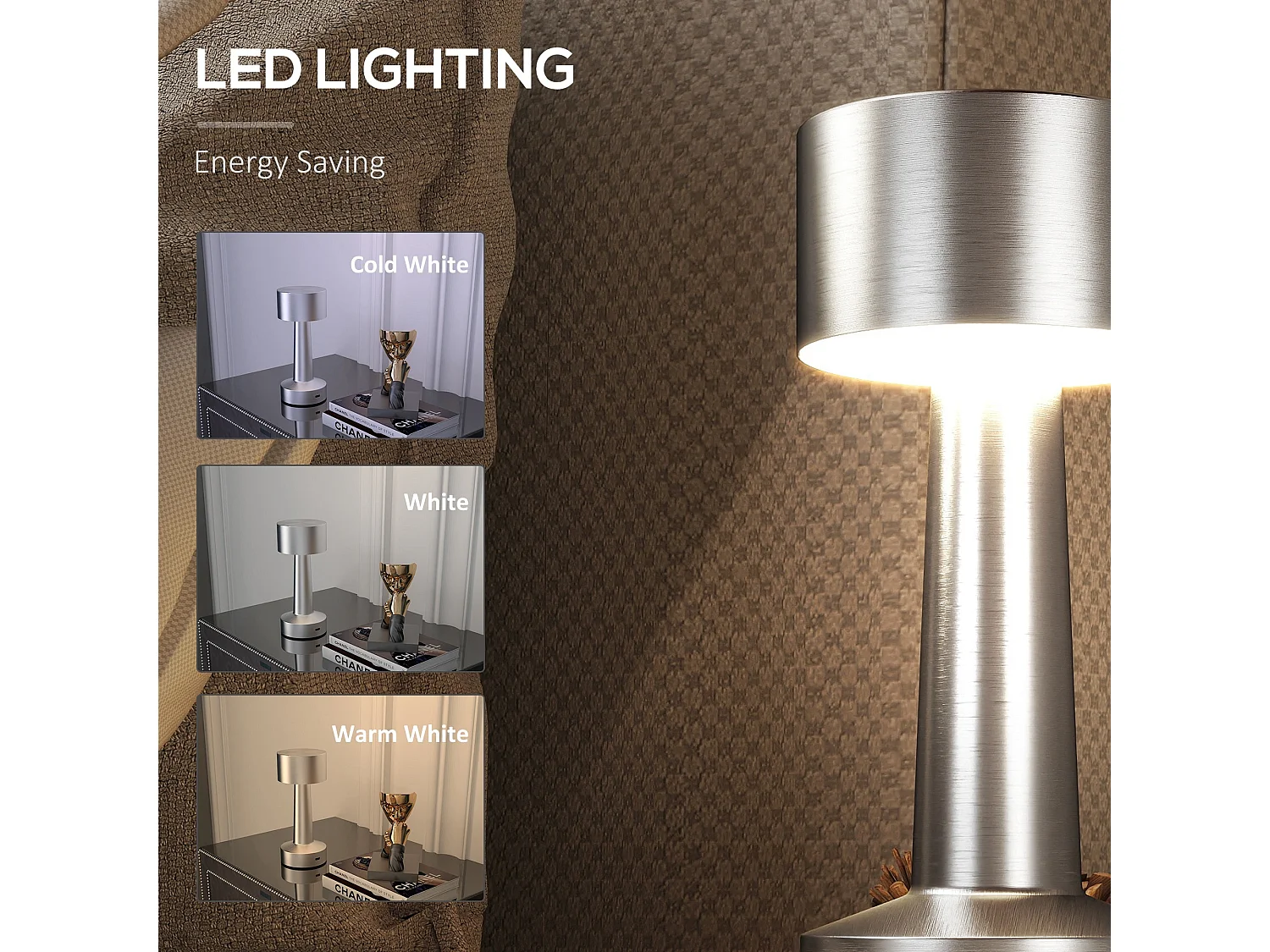Dova Silver Cordless Touch LED Table Lamp Rechargeable Battery 3 Colour Modes
