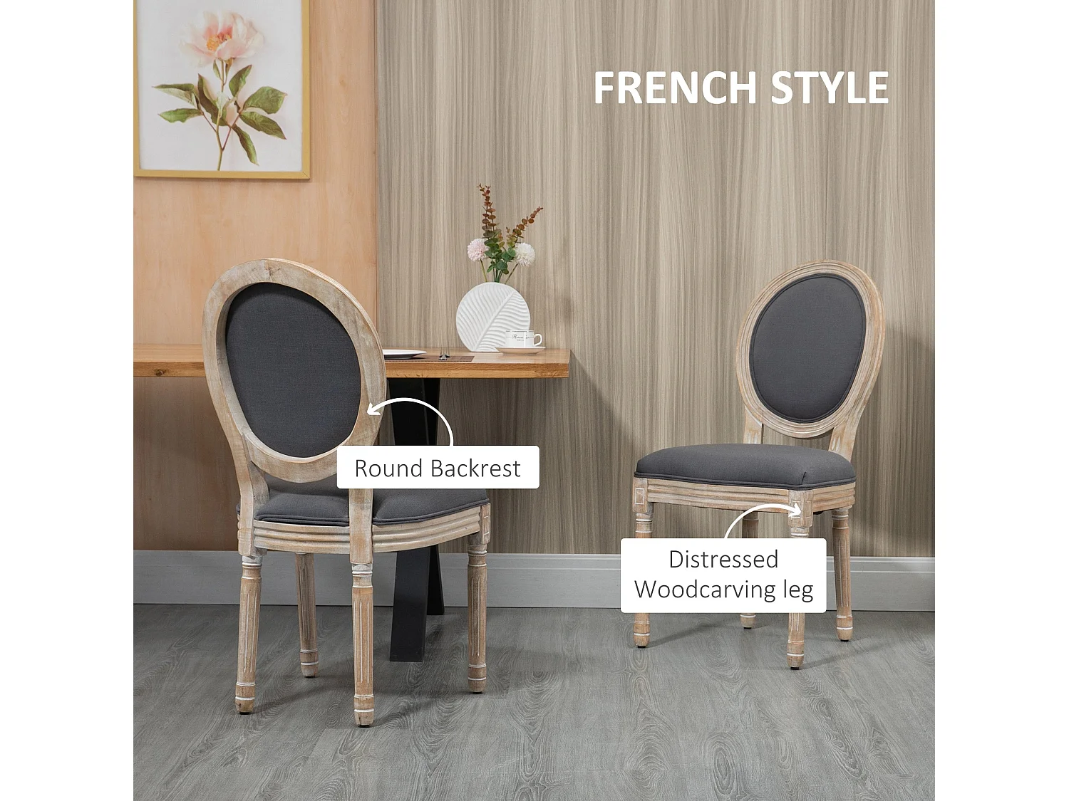Brazzi Solid Rubberwood Grey French Style Dining Chairs Set of 2