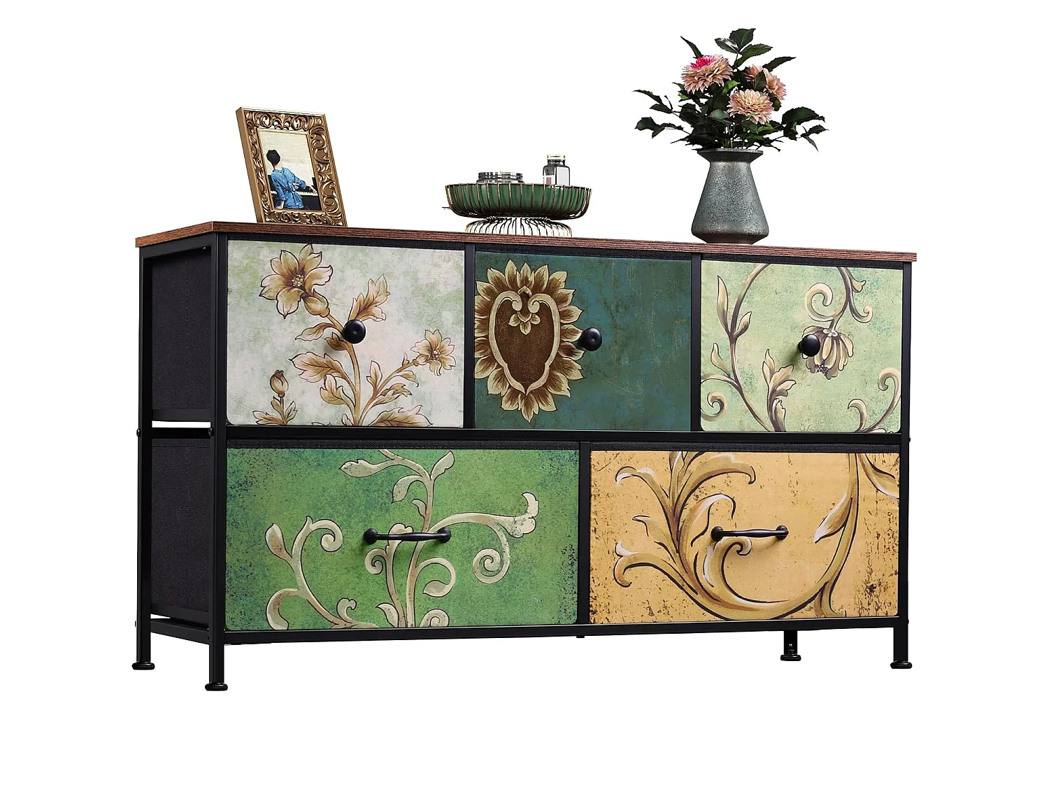 Commode à 5 Tiroirs 100x30x55.2 cm, Commode Chambre avec tiroirs en Tissu, Meuble de Rangement, avec Plateau en Bois, pour Salon, Chambre à Coucher