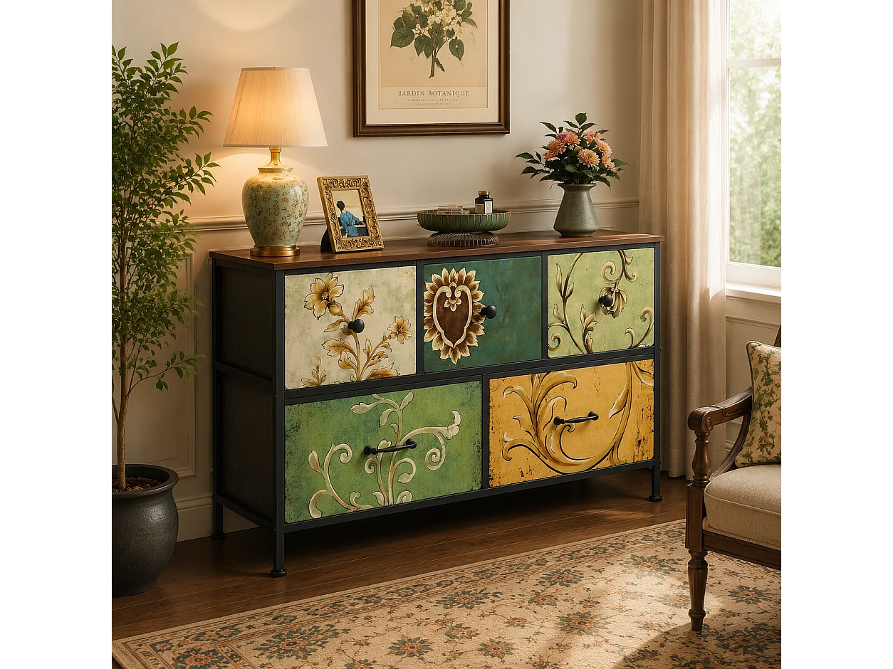 Commode à 5 Tiroirs 100x30x55.2 cm, Commode Chambre avec tiroirs en Tissu, Meuble de Rangement, avec Plateau en Bois, pour Salon, Chambre à Coucher