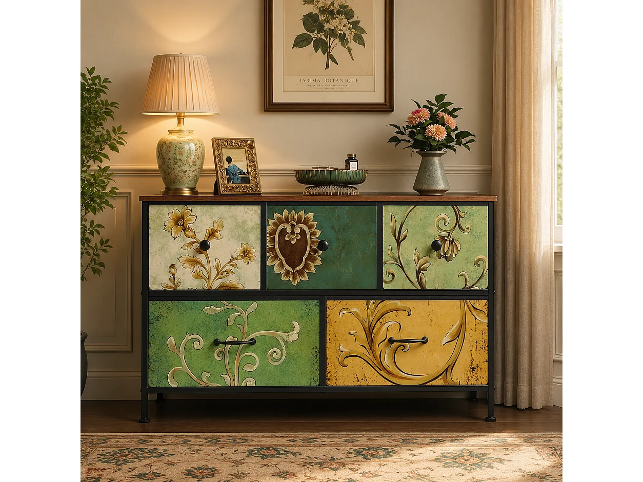 Commode à 5 Tiroirs 100x30x55.2 cm, Commode Chambre avec tiroirs en Tissu, Meuble de Rangement, avec Plateau en Bois, pour Salon, Chambre à Coucher