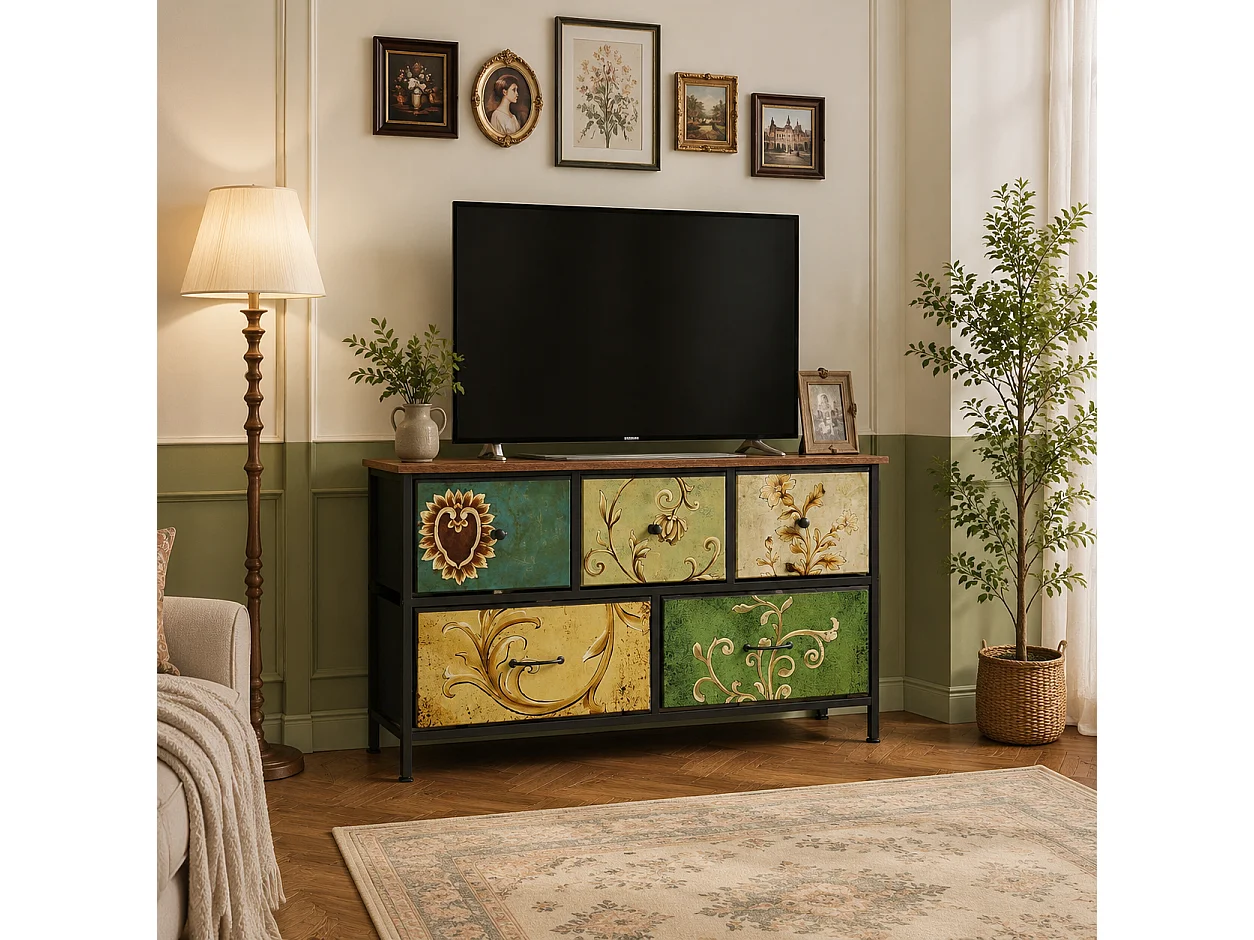 Commode à 5 Tiroirs 100x30x55.2 cm, Commode Chambre avec tiroirs en Tissu, Meuble de Rangement, avec Plateau en Bois, pour Salon, Chambre à Coucher