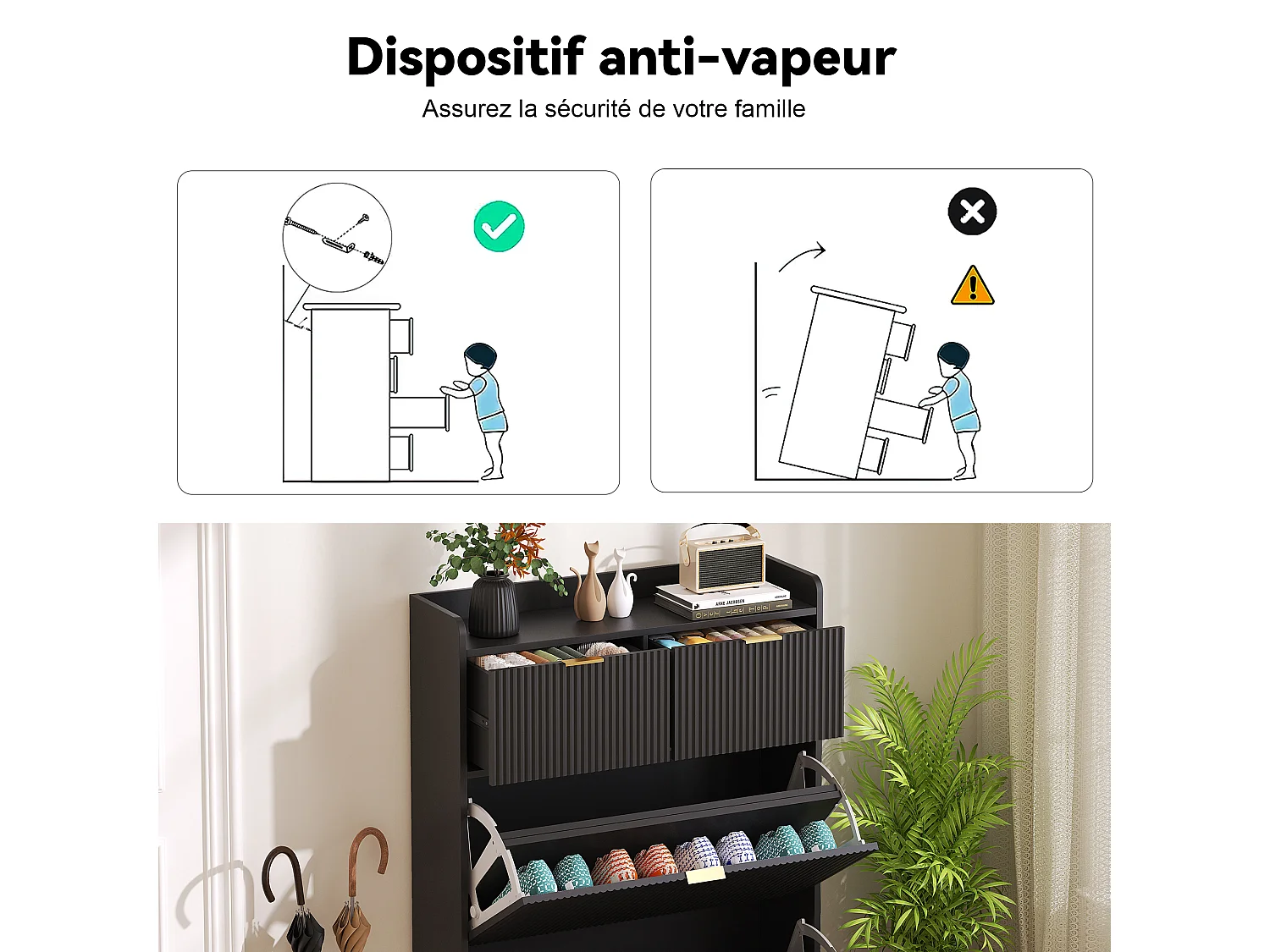 Meuble à Chaussures Slim pour Entrée, Armoire à Chaussures avec 2 Tiroirs Abattants, Organisateur de Chaussures Gain de Place, 80x24x110cm, Noir