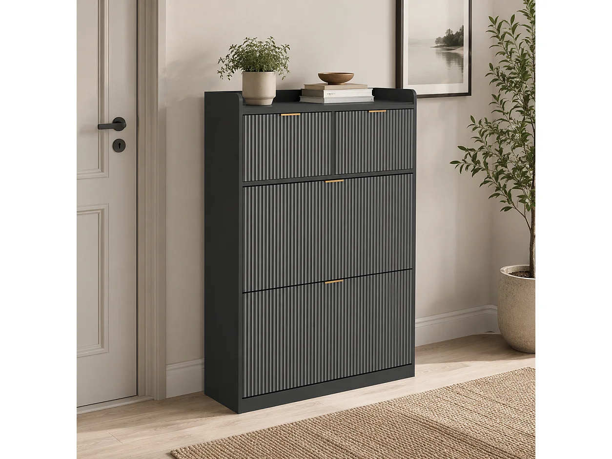 Meuble à Chaussures Slim pour Entrée, Armoire à Chaussures avec 2 Tiroirs Abattants, Organisateur de Chaussures Gain de Place, 80x24x110cm, Noir