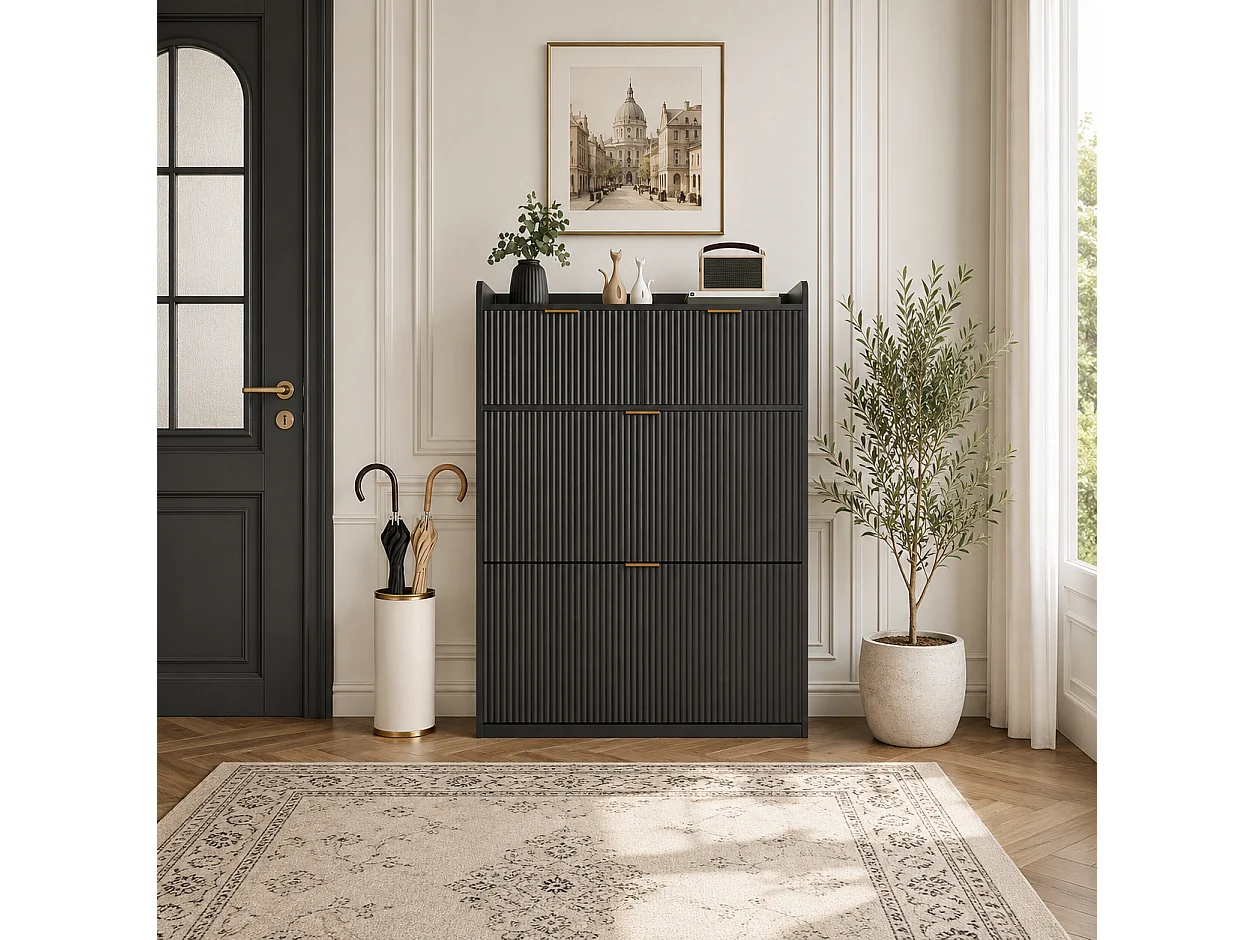 Meuble à Chaussures Slim pour Entrée, Armoire à Chaussures avec 2 Tiroirs Abattants, Organisateur de Chaussures Gain de Place, 80x24x110cm, Noir