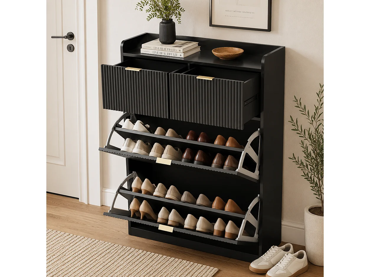 Meuble à Chaussures Slim pour Entrée, Armoire à Chaussures avec 2 Tiroirs Abattants, Organisateur de Chaussures Gain de Place, 80x24x110cm, Noir