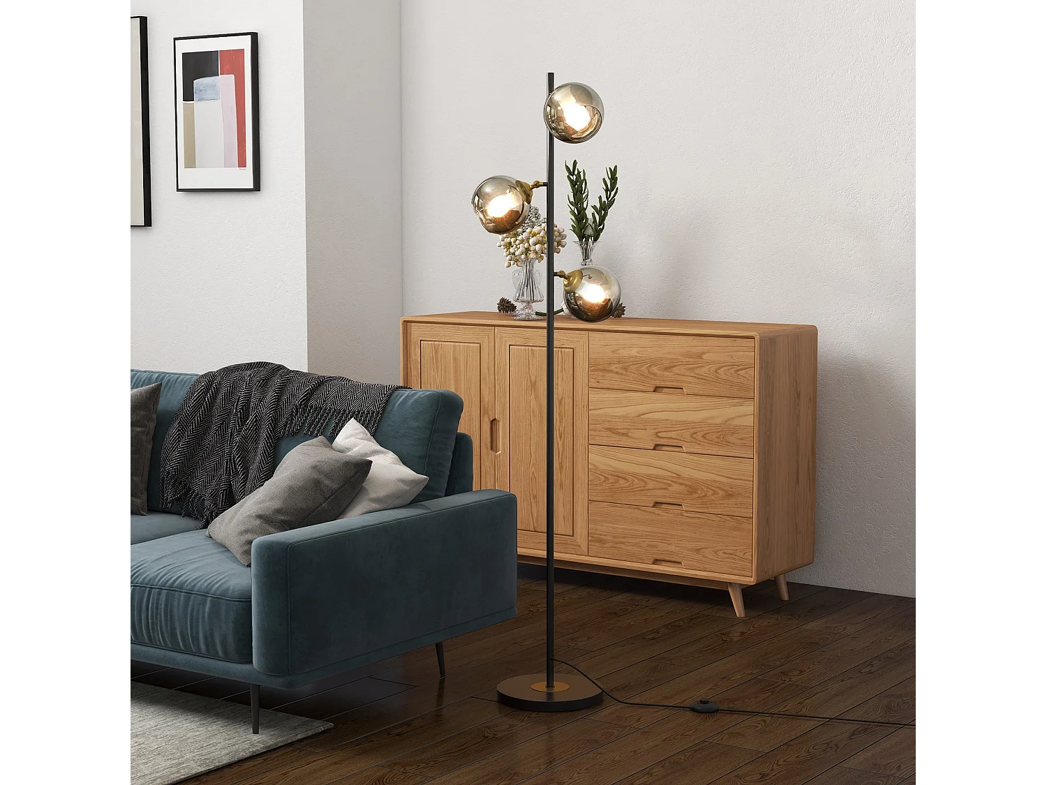 Kaviro 3 Light Tree Floor Lamp 162cm Black Grey Metal Glass Shades