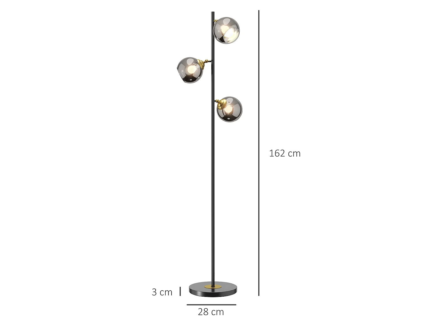 Kaviro 3 Light Tree Floor Lamp 162cm Black Grey Metal Glass Shades