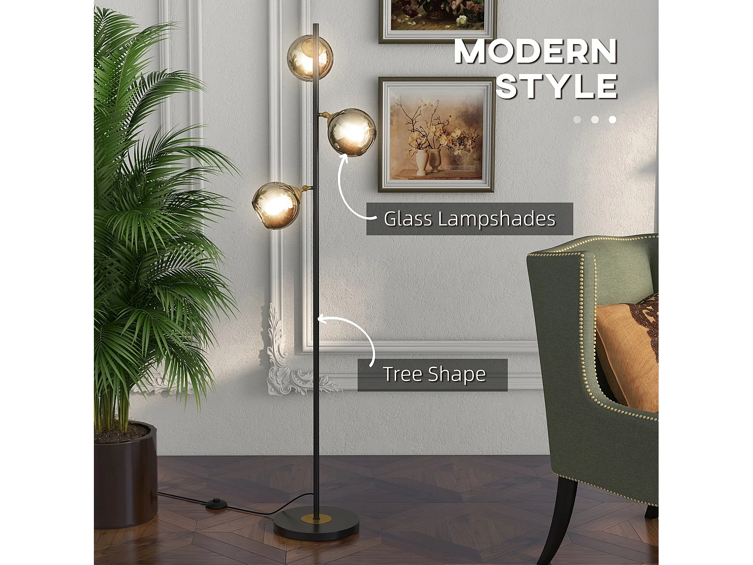 Kaviro 3 Light Tree Floor Lamp 162cm Black Grey Metal Glass Shades