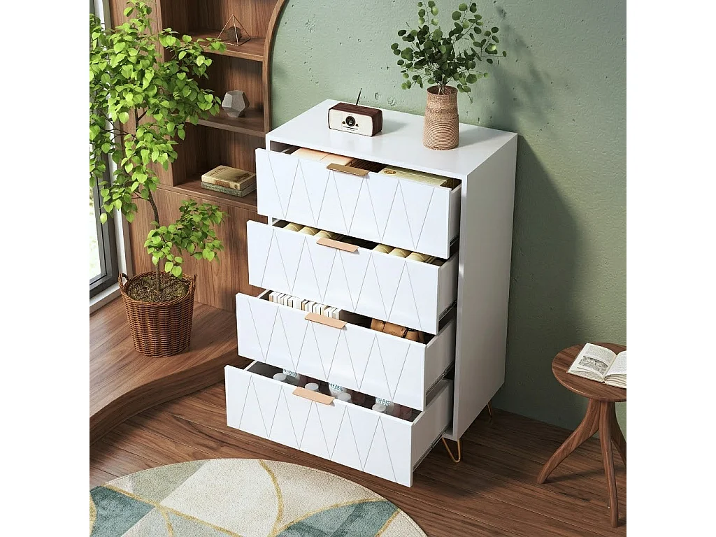 Commode avec 4 tiroirs, meuble à tiroirs avec pieds et poignées dorés, buffet blanc pour chambre à coucher, salon, couloir, 60x34x90 cm