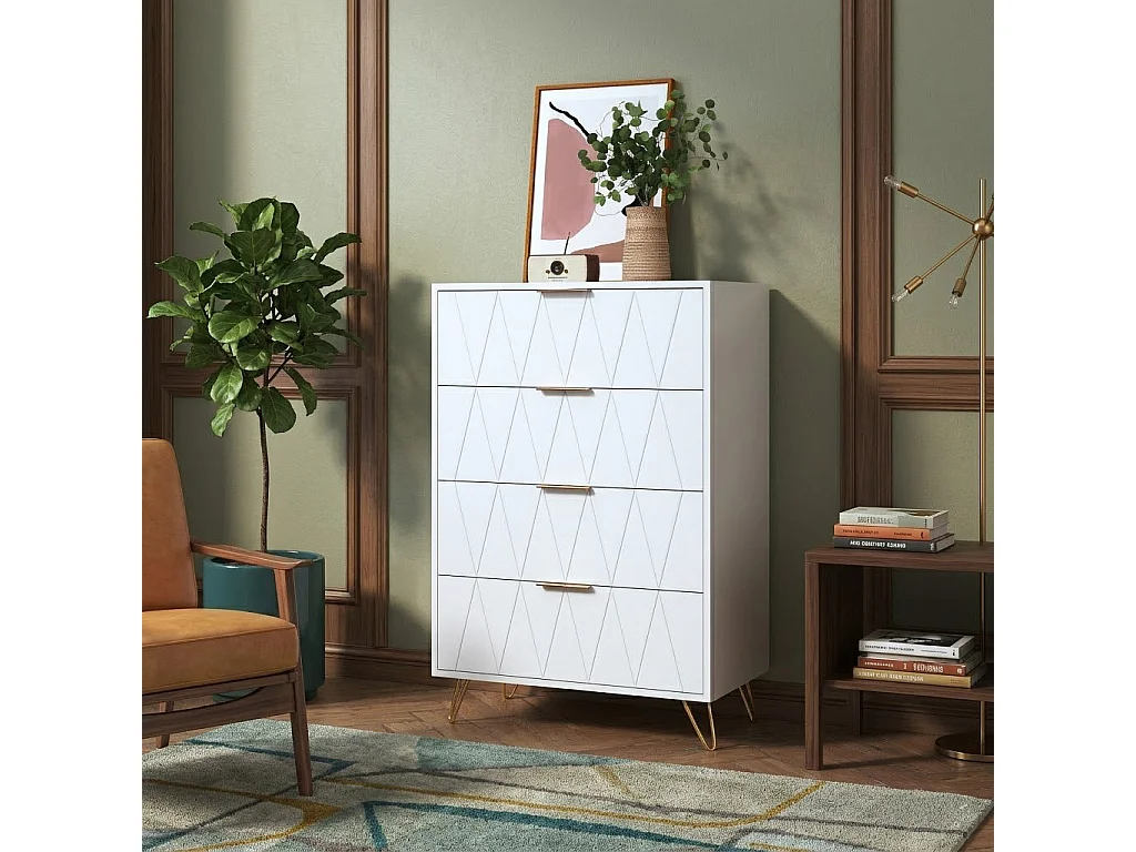 Commode avec 4 tiroirs, meuble à tiroirs avec pieds et poignées dorés, buffet blanc pour chambre à coucher, salon, couloir, 60x34x90 cm