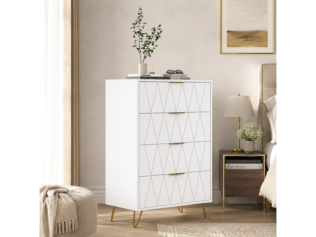 Commode avec 4 tiroirs, meuble à tiroirs avec pieds et poignées dorés, buffet blanc pour chambre à coucher, salon, couloir, 60x34x90 cm