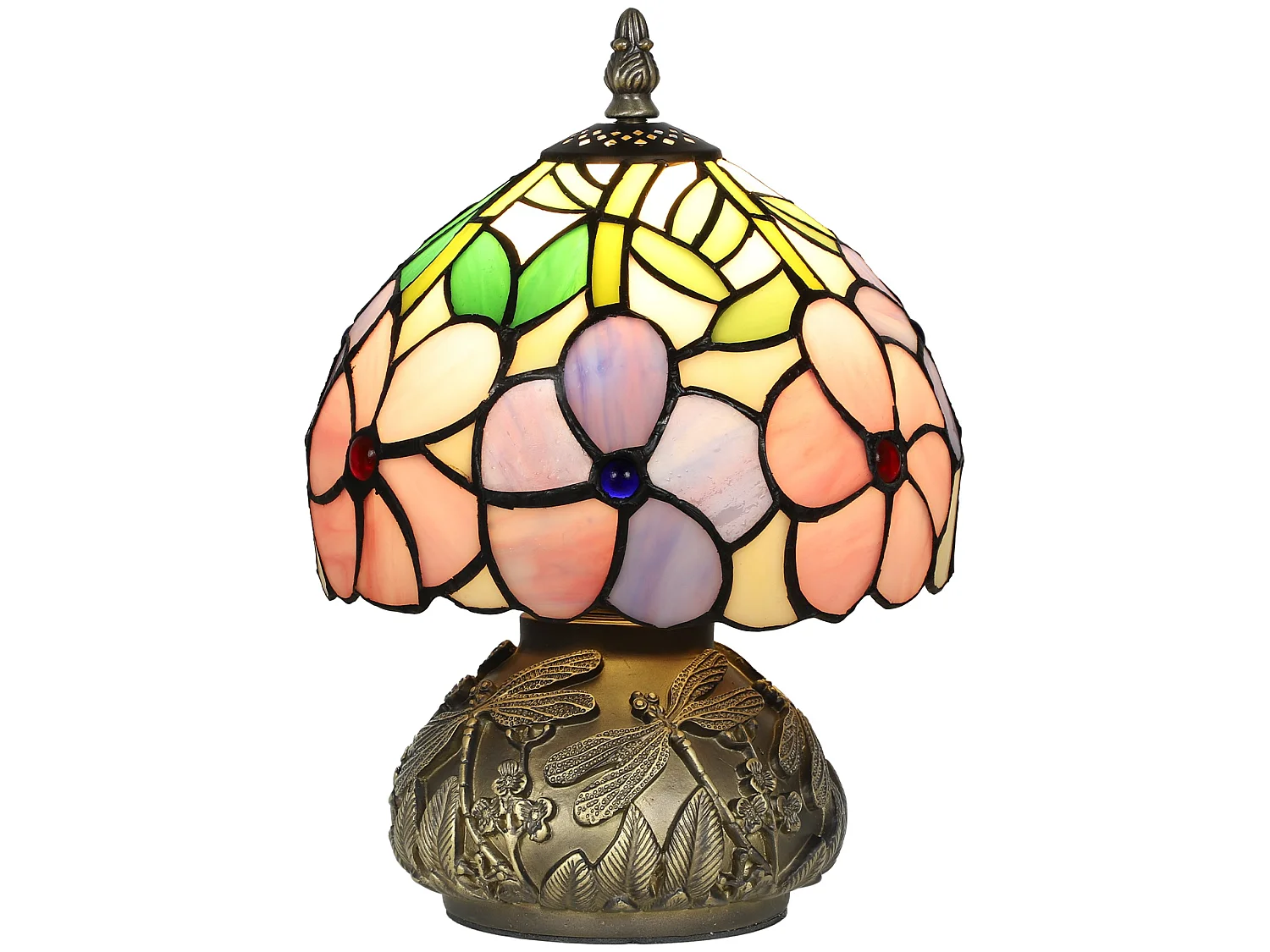 Pink Tiffany Dragonfly Table Lamp Stained Glass Shade Bronze Tone Base