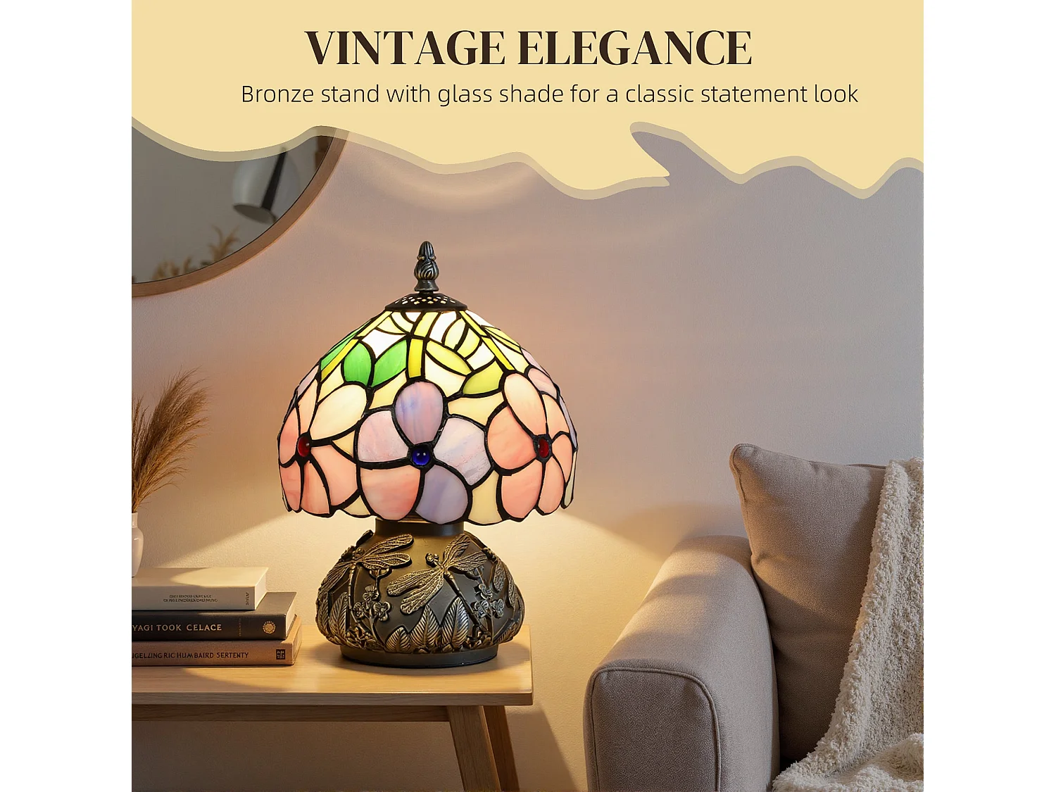 Pink Tiffany Dragonfly Table Lamp Stained Glass Shade Bronze Tone Base