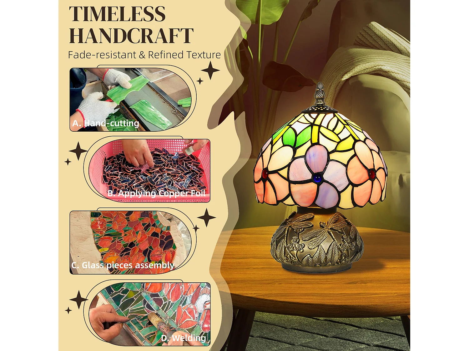 Pink Tiffany Dragonfly Table Lamp Stained Glass Shade Bronze Tone Base