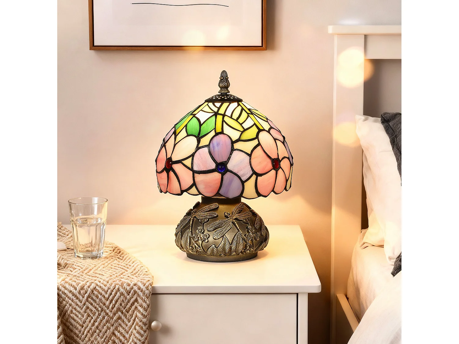 Pink Tiffany Dragonfly Table Lamp Stained Glass Shade Bronze Tone Base