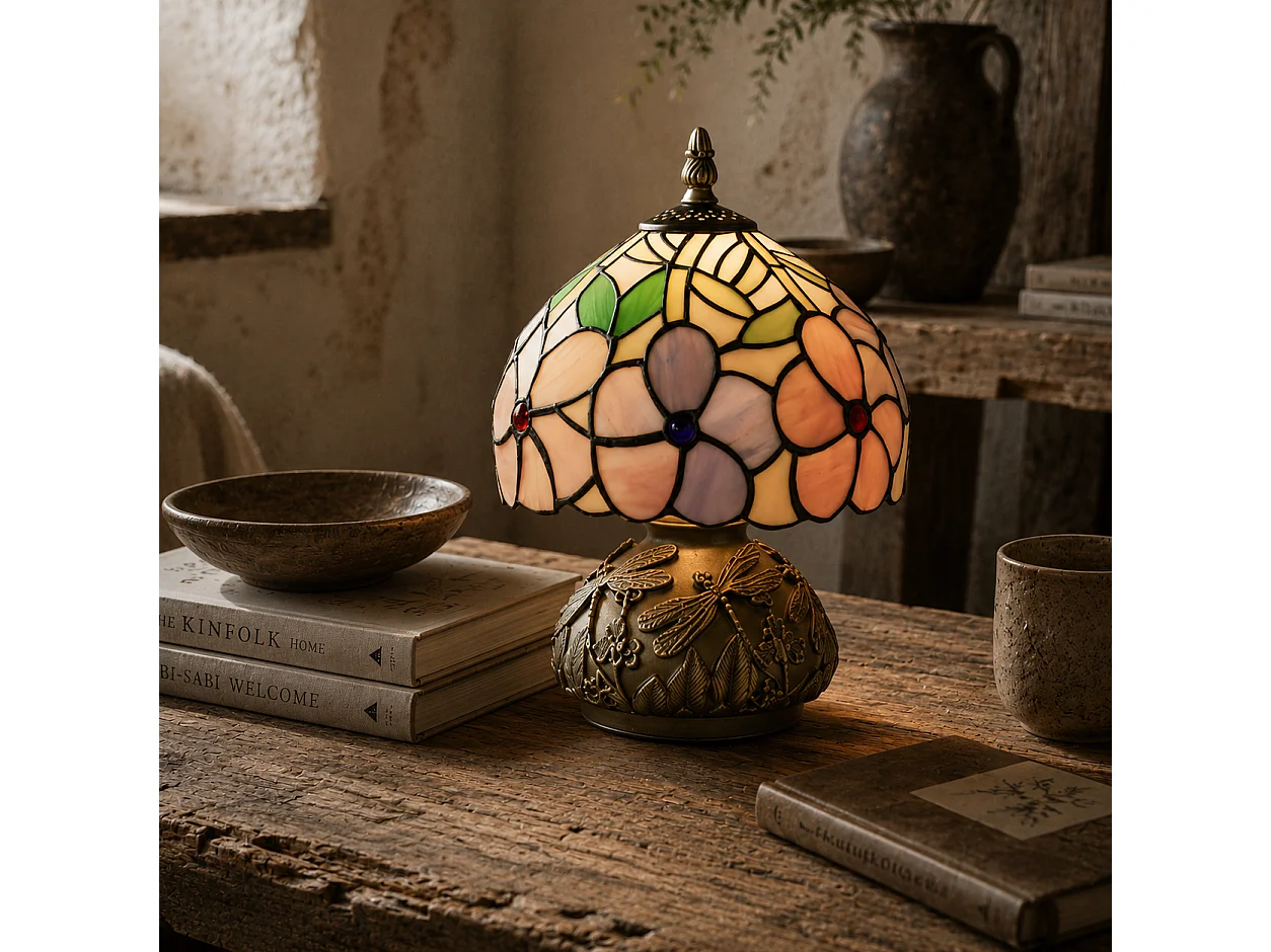 Pink Tiffany Dragonfly Table Lamp Stained Glass Shade Bronze Tone Base
