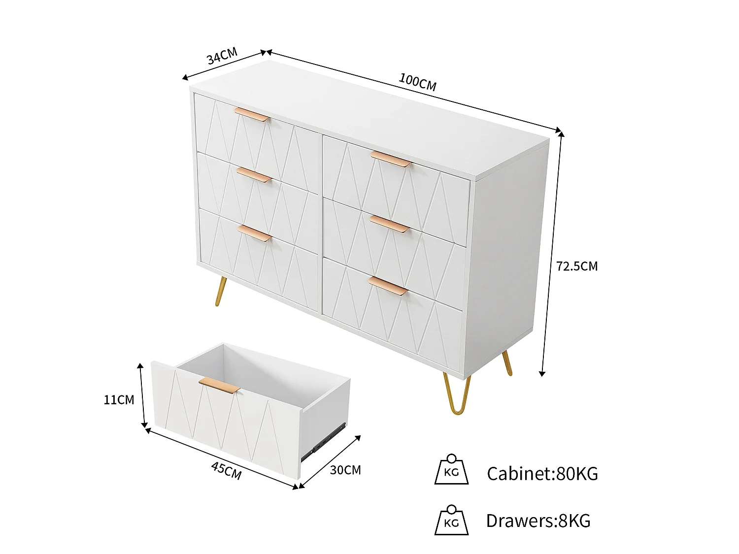 Commode 6 Tiroirs Blanche, Meuble de Rangement 100 x 34 x 72,5 cm avec Poignées Dorées et Pieds Métalliques, pour Chambre, Salon, Entrée, Bureau