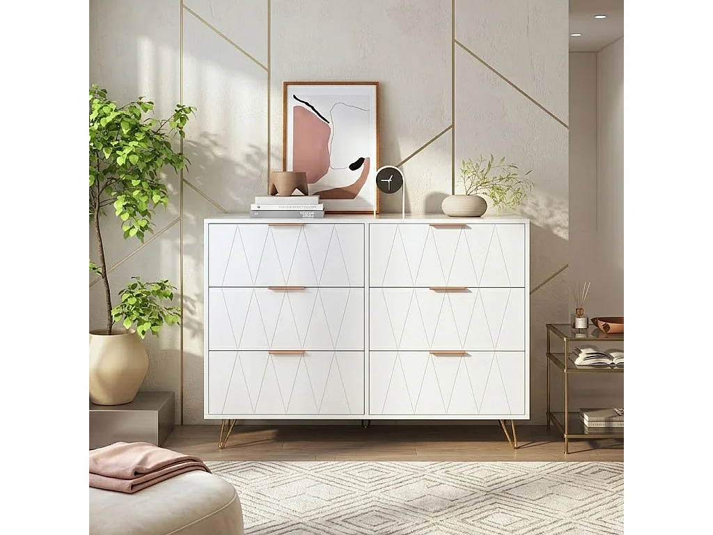 Commode 6 Tiroirs Blanche, Meuble de Rangement 100 x 34 x 72,5 cm avec Poignées Dorées et Pieds Métalliques, pour Chambre, Salon, Entrée, Bureau