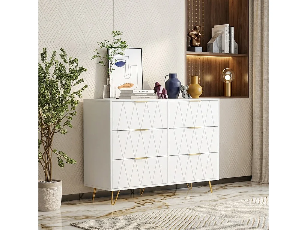Commode 6 Tiroirs Blanche, Meuble de Rangement 100 x 34 x 72,5 cm avec Poignées Dorées et Pieds Métalliques, pour Chambre, Salon, Entrée, Bureau
