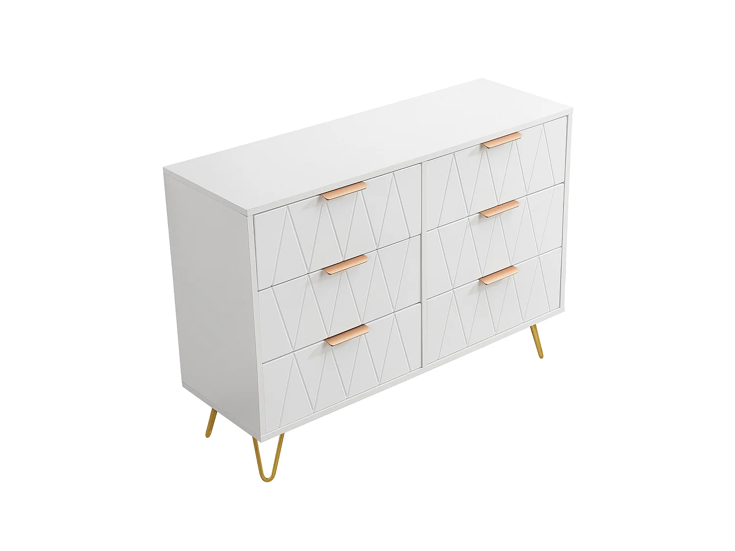 Commode 6 Tiroirs Blanche, Meuble de Rangement 100 x 34 x 72,5 cm avec Poignées Dorées et Pieds Métalliques, pour Chambre, Salon, Entrée, Bureau