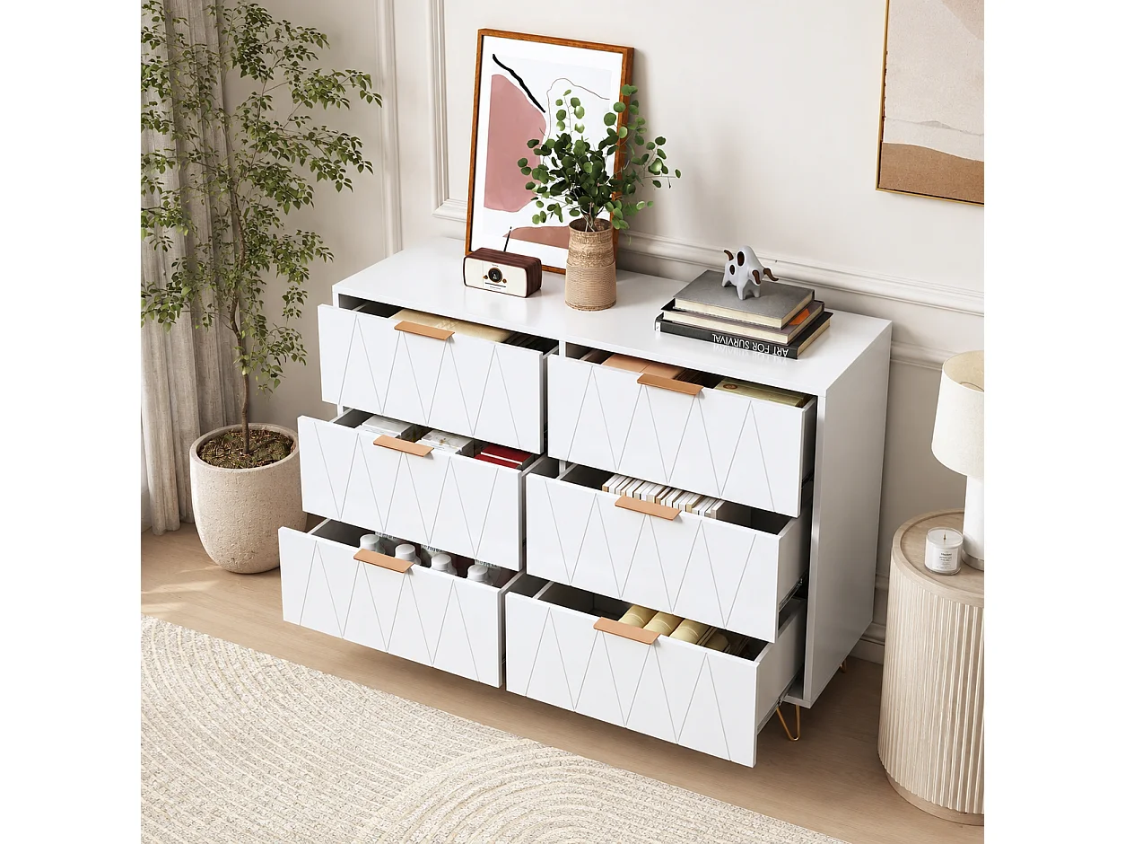 Commode 6 Tiroirs Blanche, Meuble de Rangement 100 x 34 x 72,5 cm avec Poignées Dorées et Pieds Métalliques, pour Chambre, Salon, Entrée, Bureau