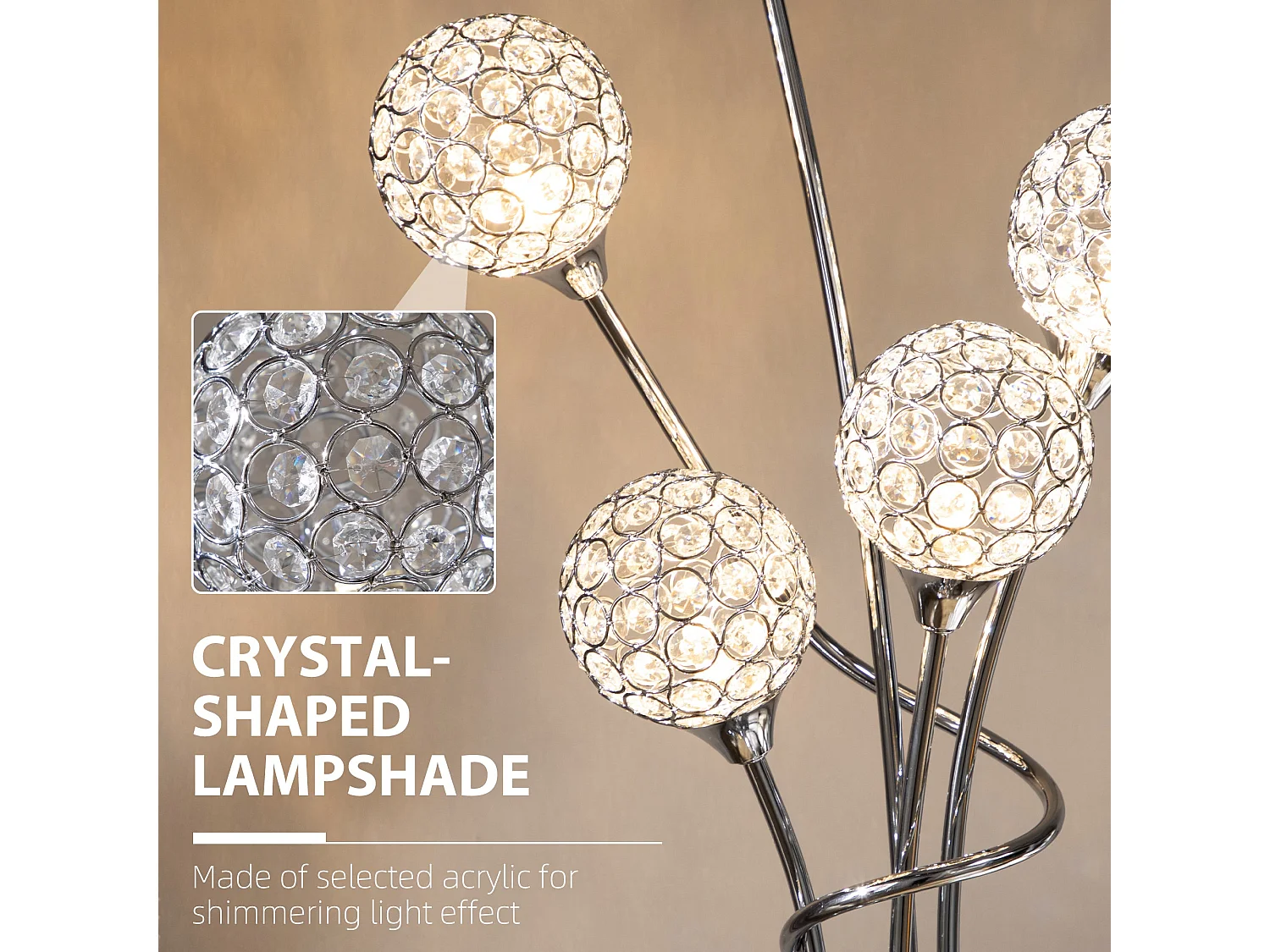 Silver Crystal Acrylic 5 Light Straight Floor Lamp 156cm