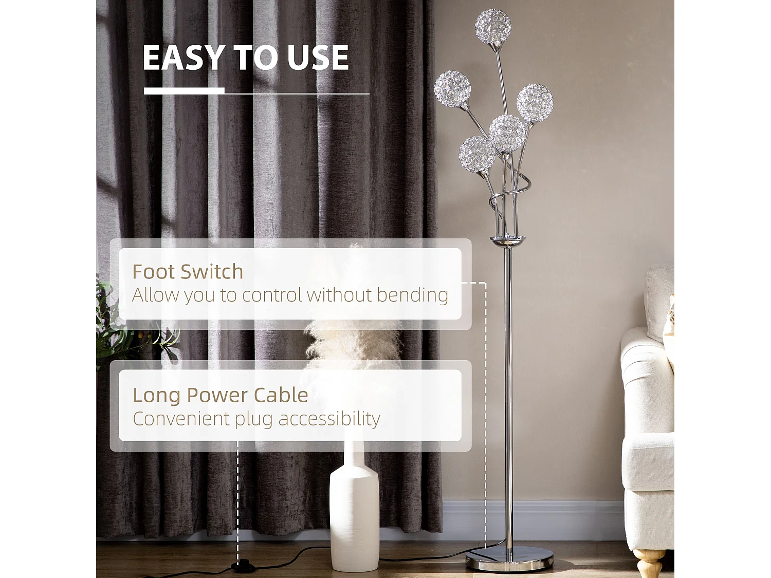 Silver Crystal Acrylic 5 Light Straight Floor Lamp 156cm