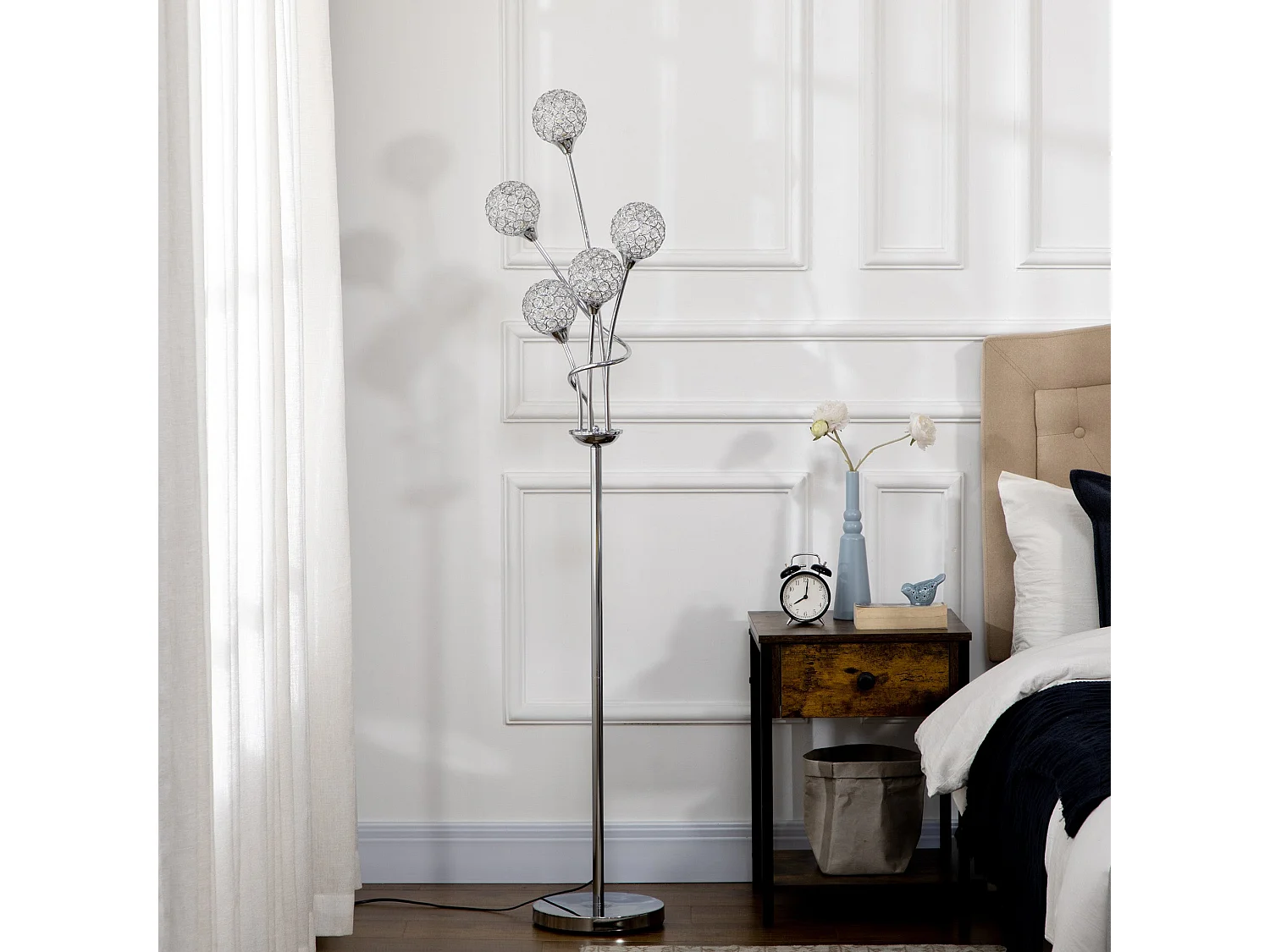 Silver Crystal Acrylic 5 Light Straight Floor Lamp 156cm