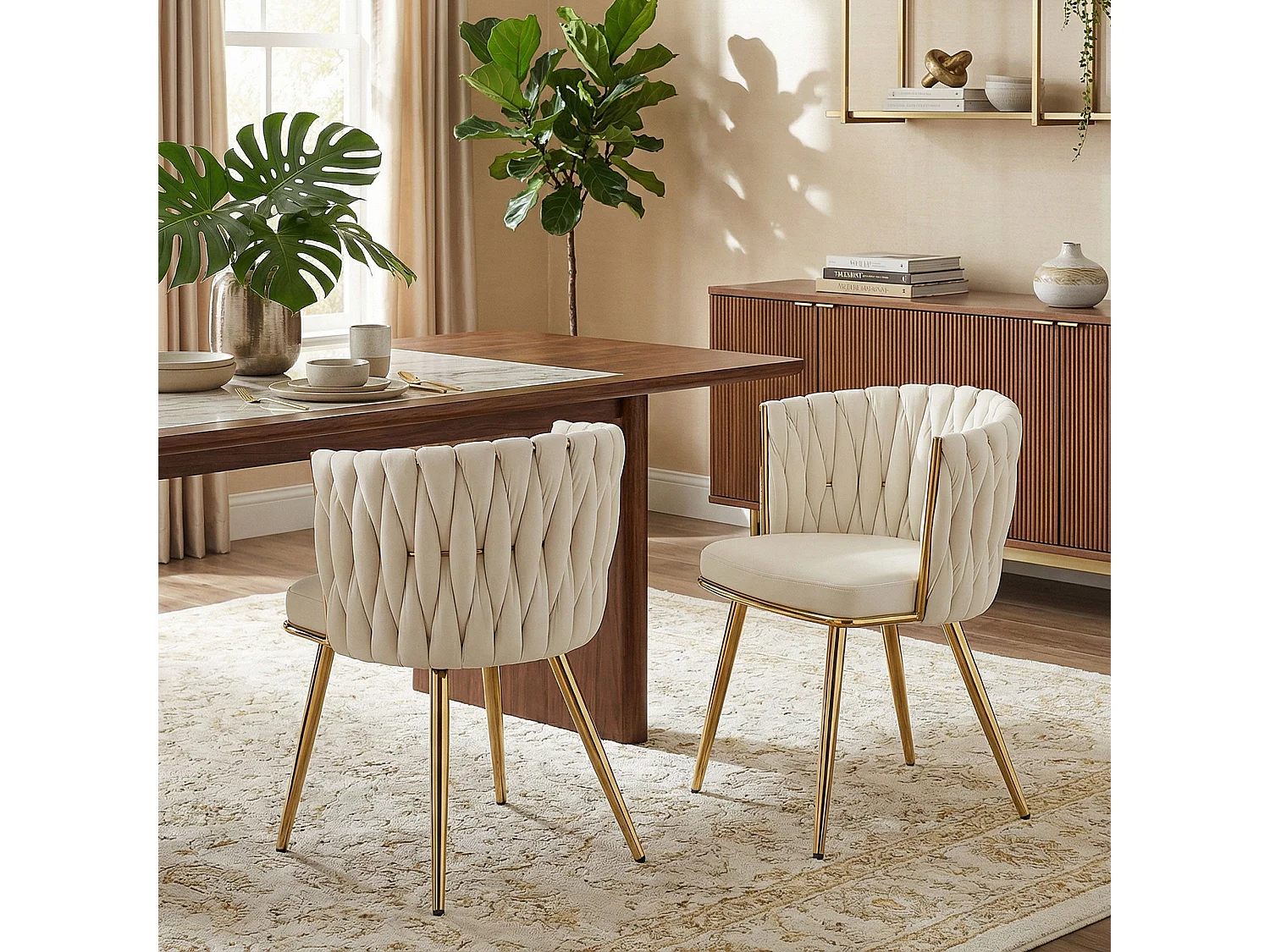 Sosura Set of 2 Cream Velvet Feel Dining Chairs with Woven Back and Armrests