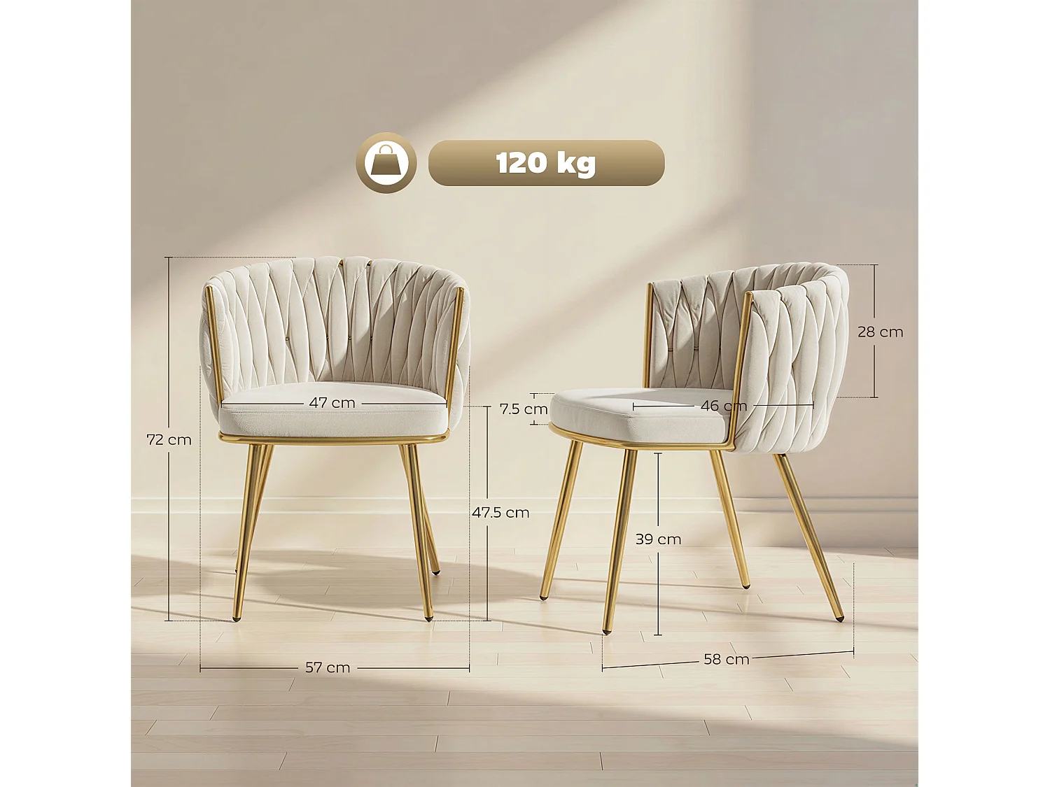 Sosura Set of 2 Cream Velvet Feel Dining Chairs with Woven Back and Armrests
