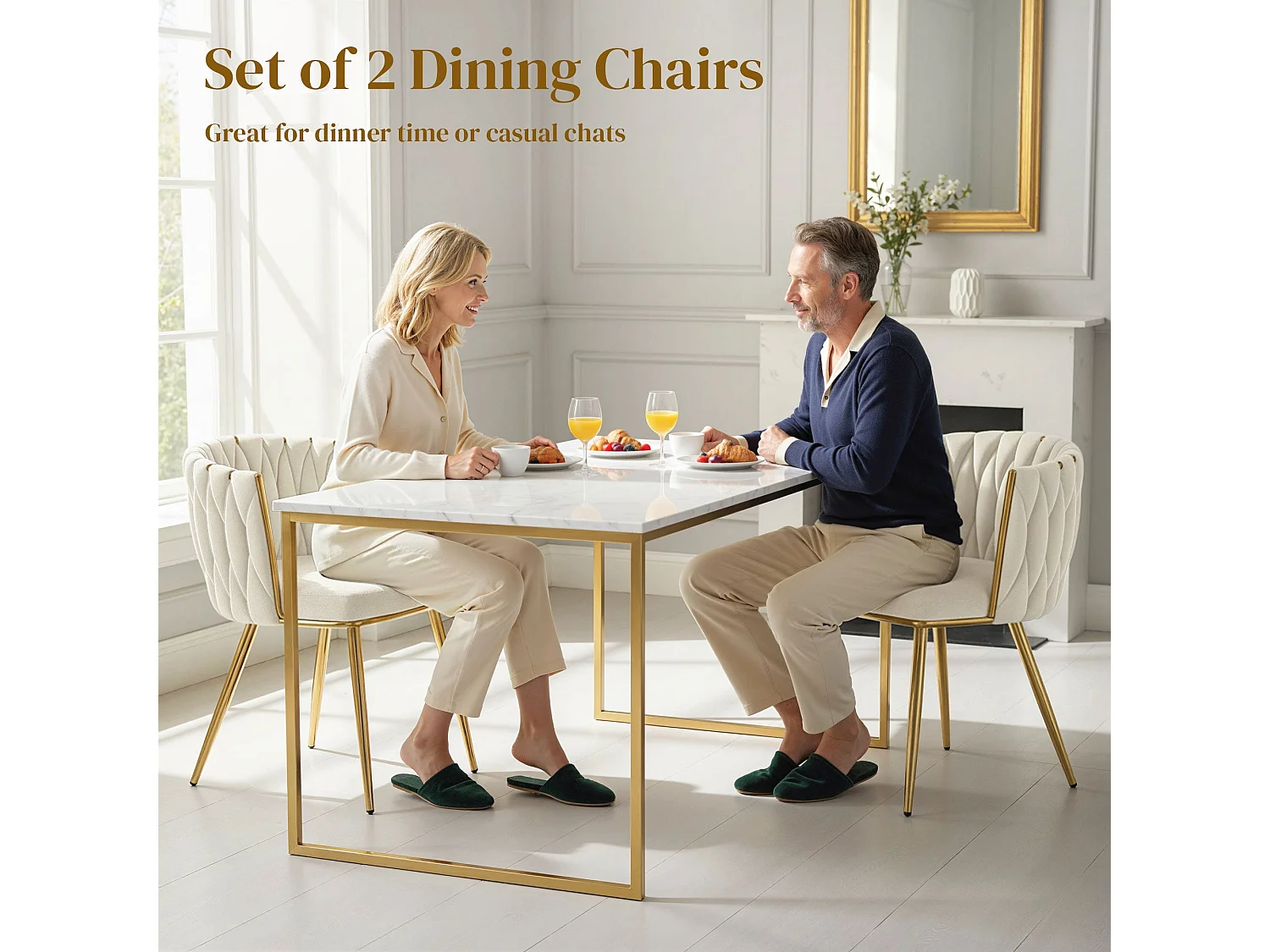 Sosura Set of 2 Cream Velvet Feel Dining Chairs with Woven Back and Armrests