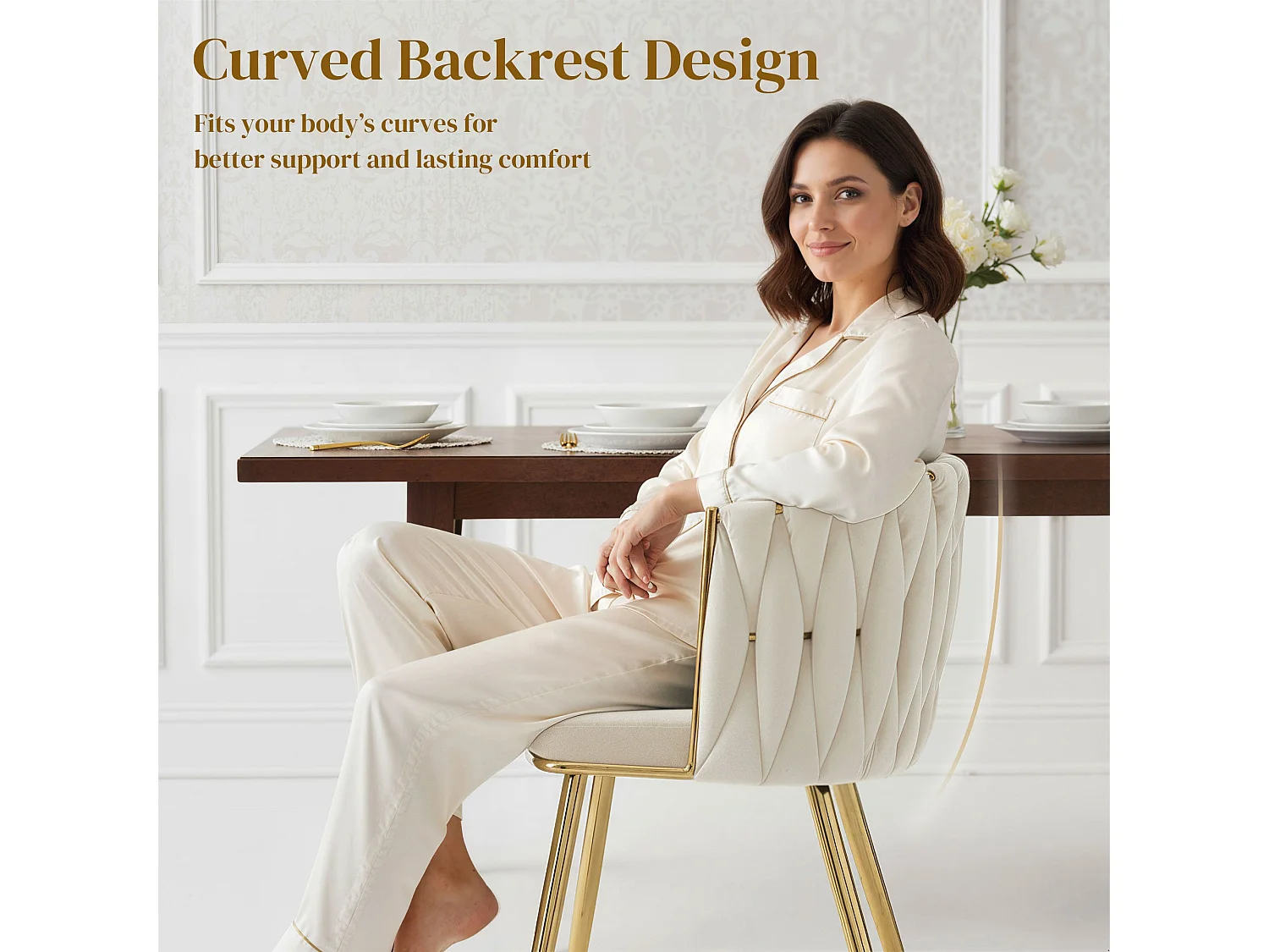 Sosura Set of 2 Cream Velvet Feel Dining Chairs with Woven Back and Armrests