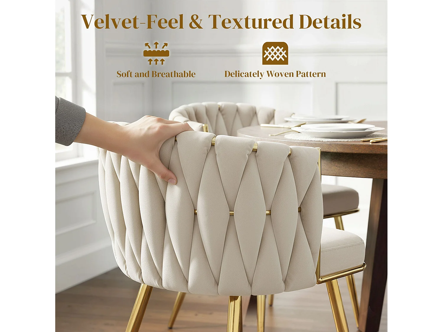 Sosura Set of 2 Cream Velvet Feel Dining Chairs with Woven Back and Armrests