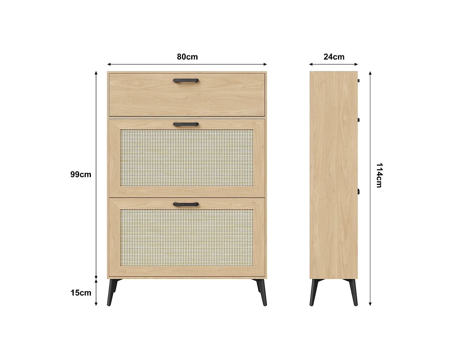 Meuble à Chaussures en Bois avec 3 Portes en Rotin, Armoire à Chaussures Slim pour Entrée et Couloir, Chaussures avec Étagères Réglables, 80x24x114cm