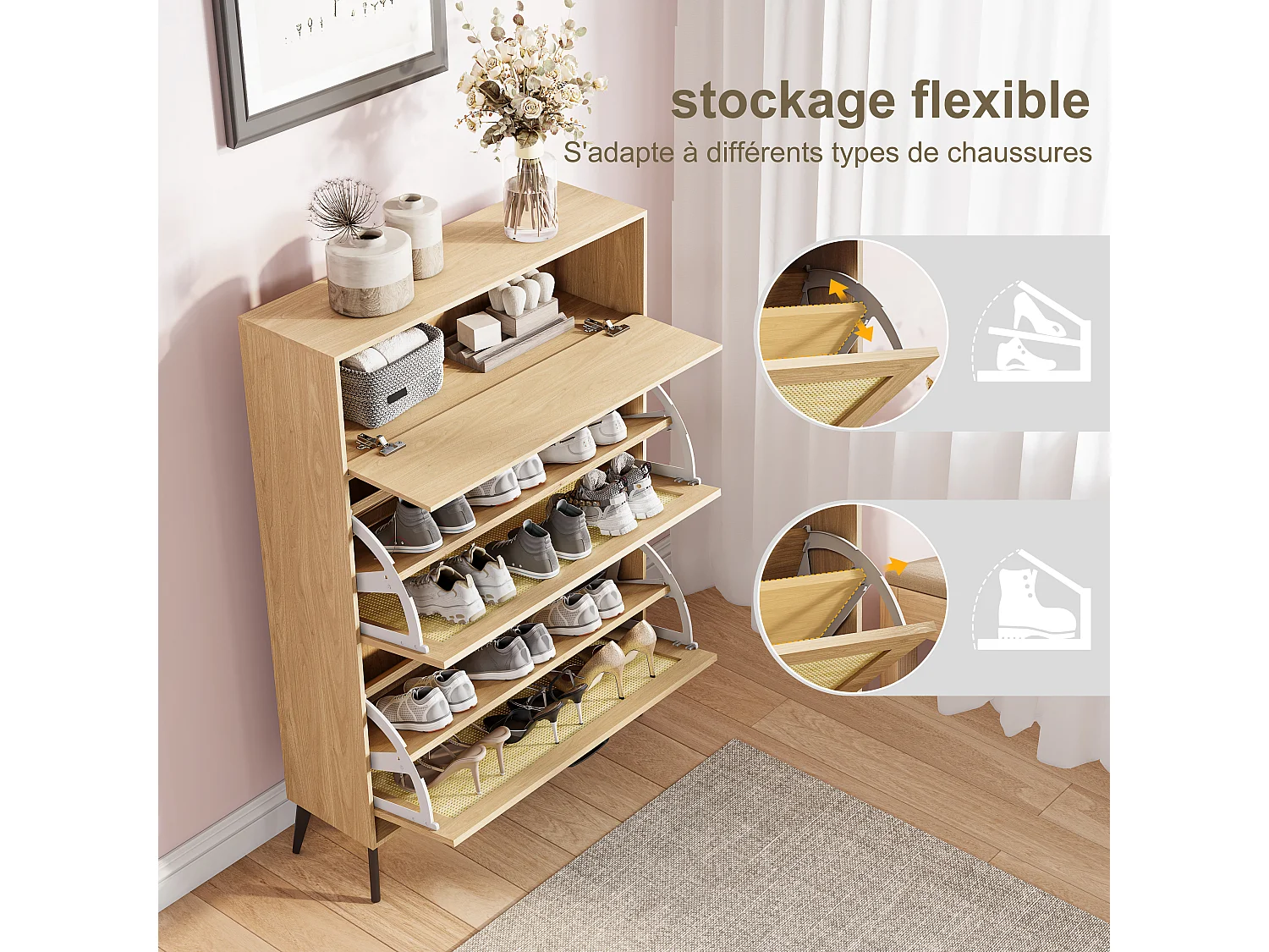 Meuble à Chaussures en Bois avec 3 Portes en Rotin, Armoire à Chaussures Slim pour Entrée et Couloir, Chaussures avec Étagères Réglables, 80x24x114cm