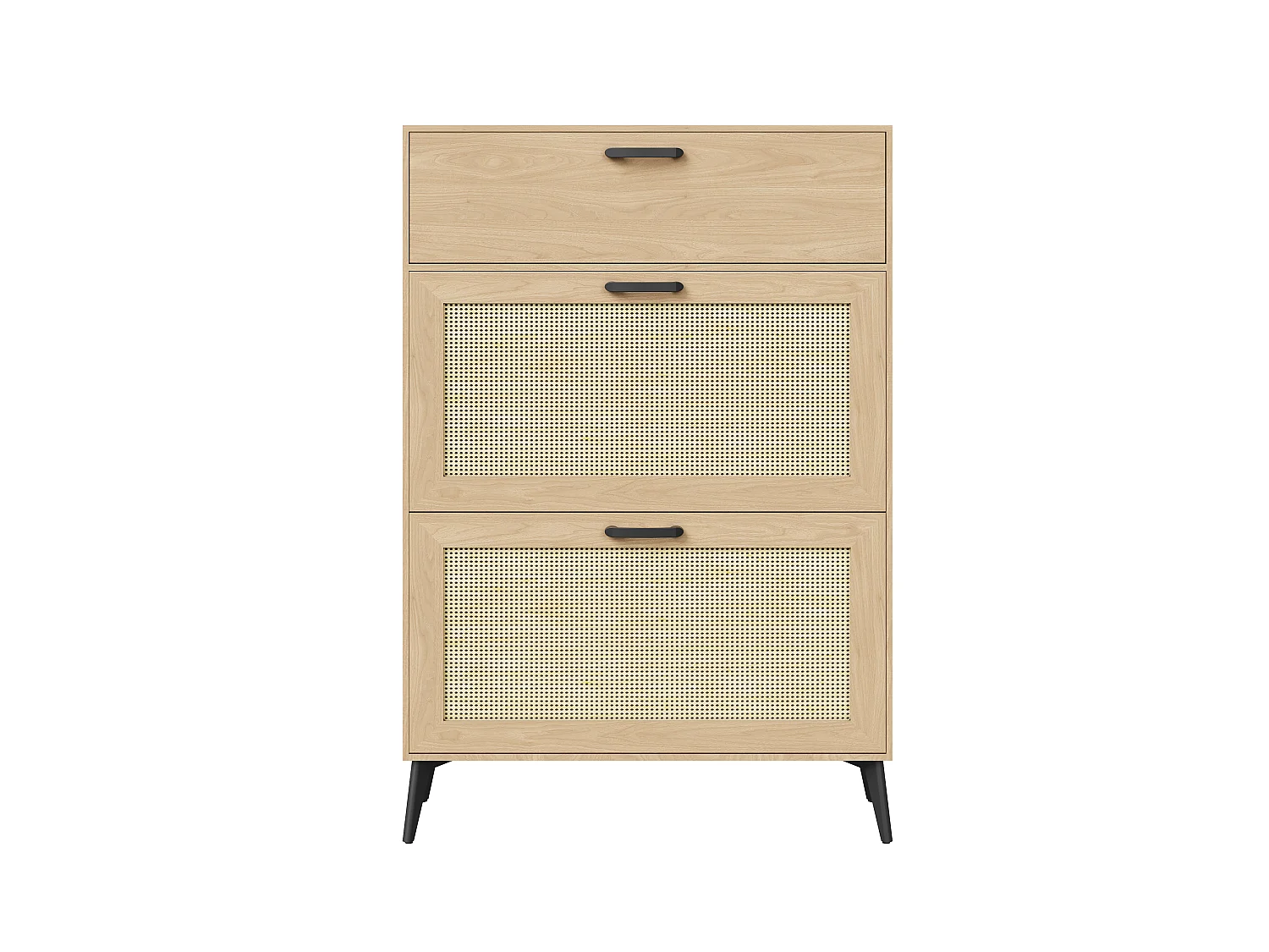 Meuble à Chaussures en Bois avec 3 Portes en Rotin, Armoire à Chaussures Slim pour Entrée et Couloir, Chaussures avec Étagères Réglables, 80x24x114cm