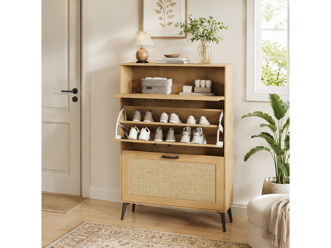 Meuble à Chaussures en Bois avec 3 Portes en Rotin, Armoire à Chaussures Slim pour Entrée et Couloir, Chaussures avec Étagères Réglables, 80x24x114cm