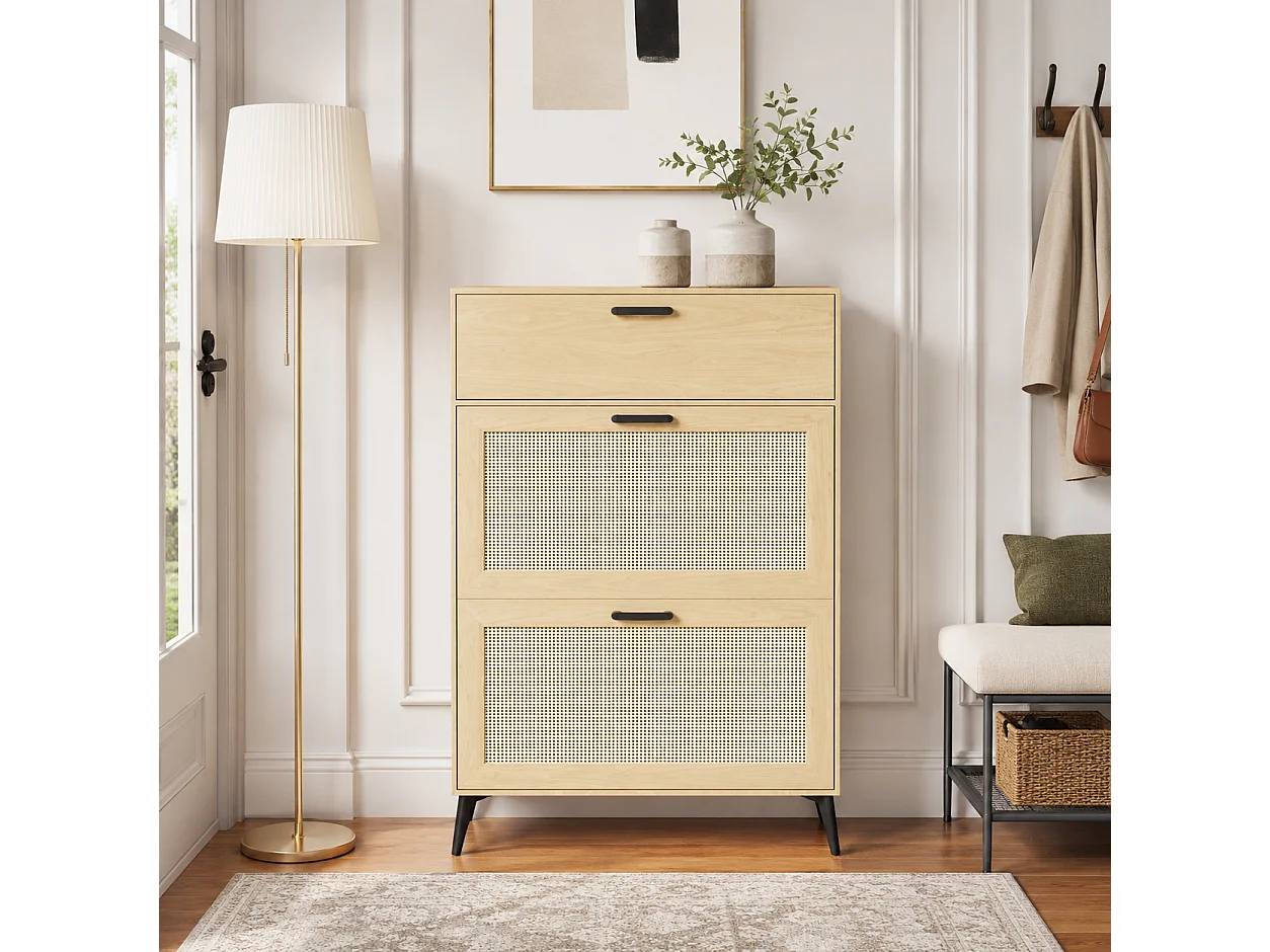 Meuble à Chaussures en Bois avec 3 Portes en Rotin, Armoire à Chaussures Slim pour Entrée et Couloir, Chaussures avec Étagères Réglables, 80x24x114cm