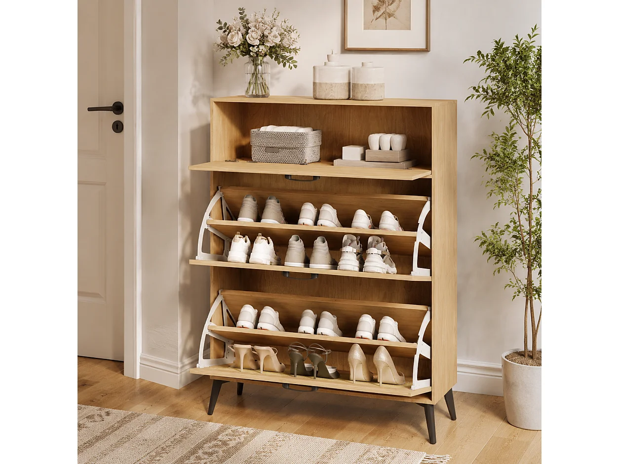 Meuble à Chaussures en Bois avec 3 Portes en Rotin, Armoire à Chaussures Slim pour Entrée et Couloir, Chaussures avec Étagères Réglables, 80x24x114cm