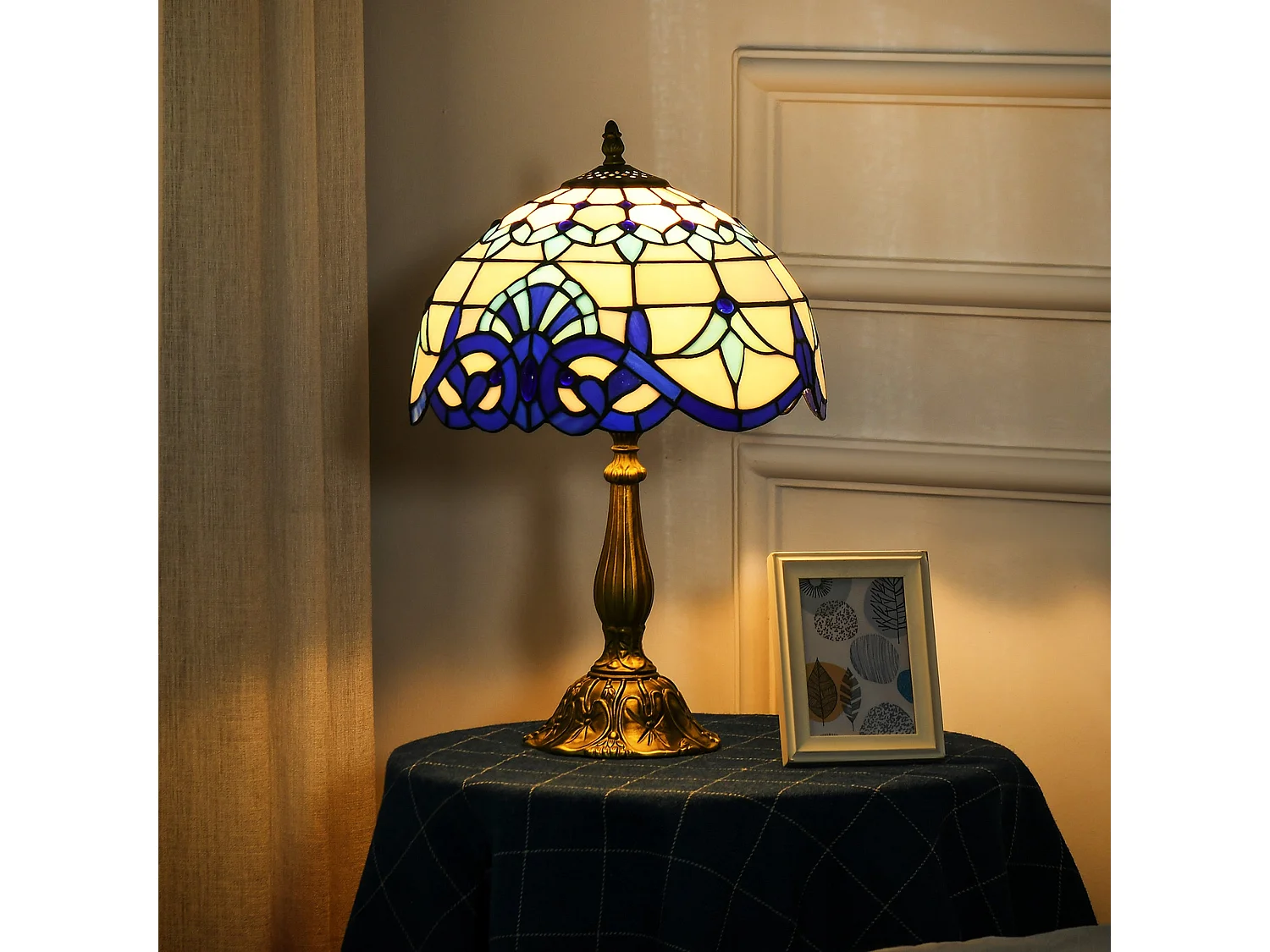 Repatto Handcrafted Blue and White Stained Glass Table Lamp Zinc Alloy Base E27
