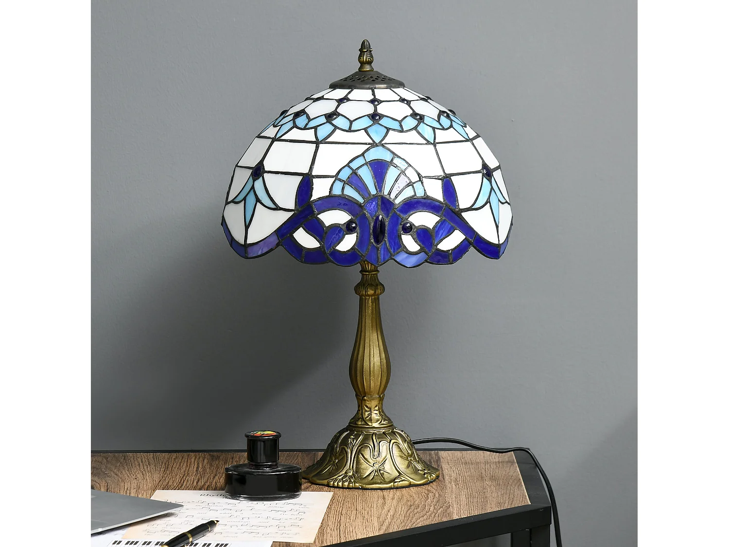 Repatto Handcrafted Blue and White Stained Glass Table Lamp Zinc Alloy Base E27